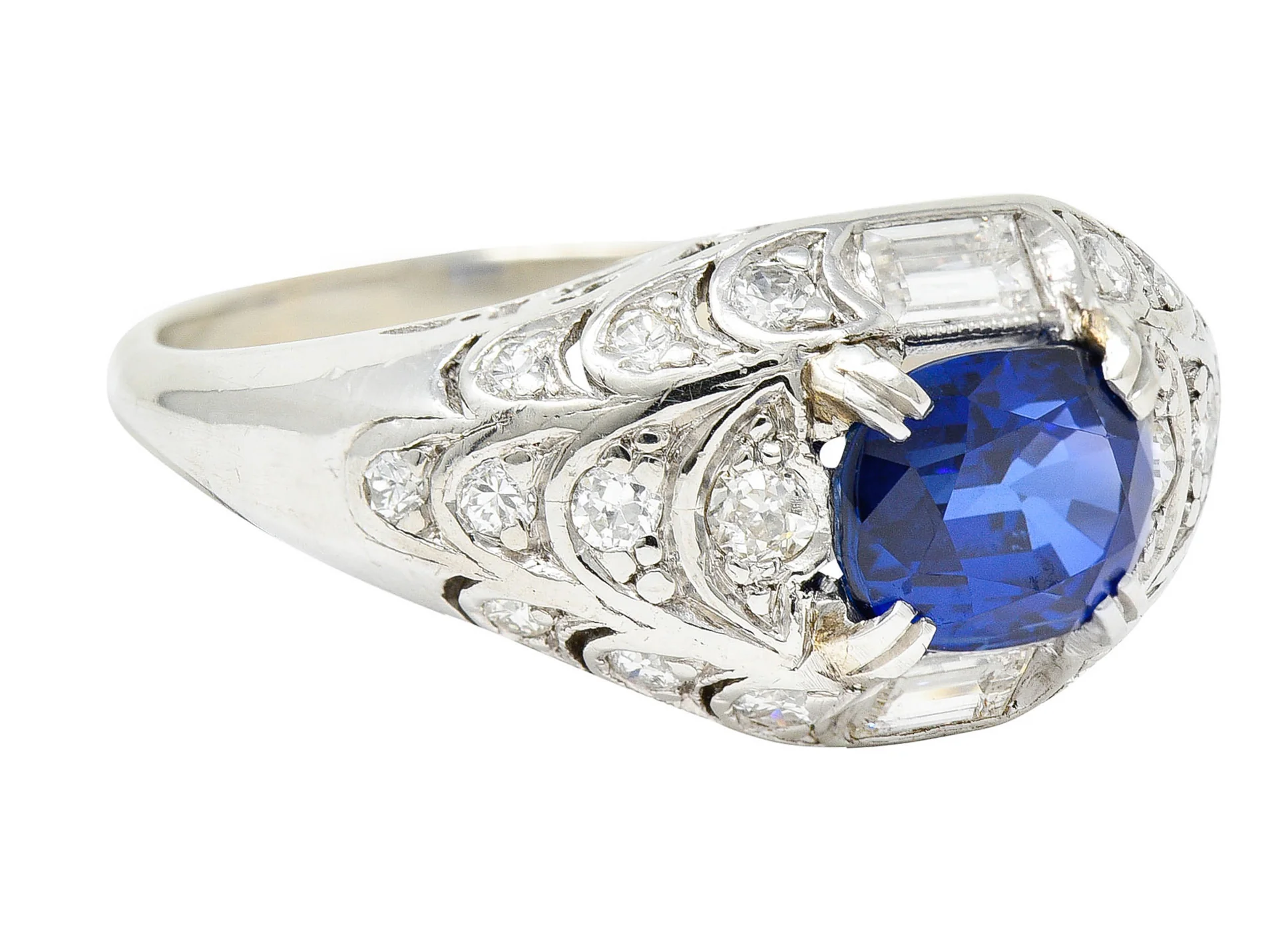 Art Deco 2.24 CTW No Heat Madagascar Sapphire Diamond Platinum Scalloped Ring - Image 3