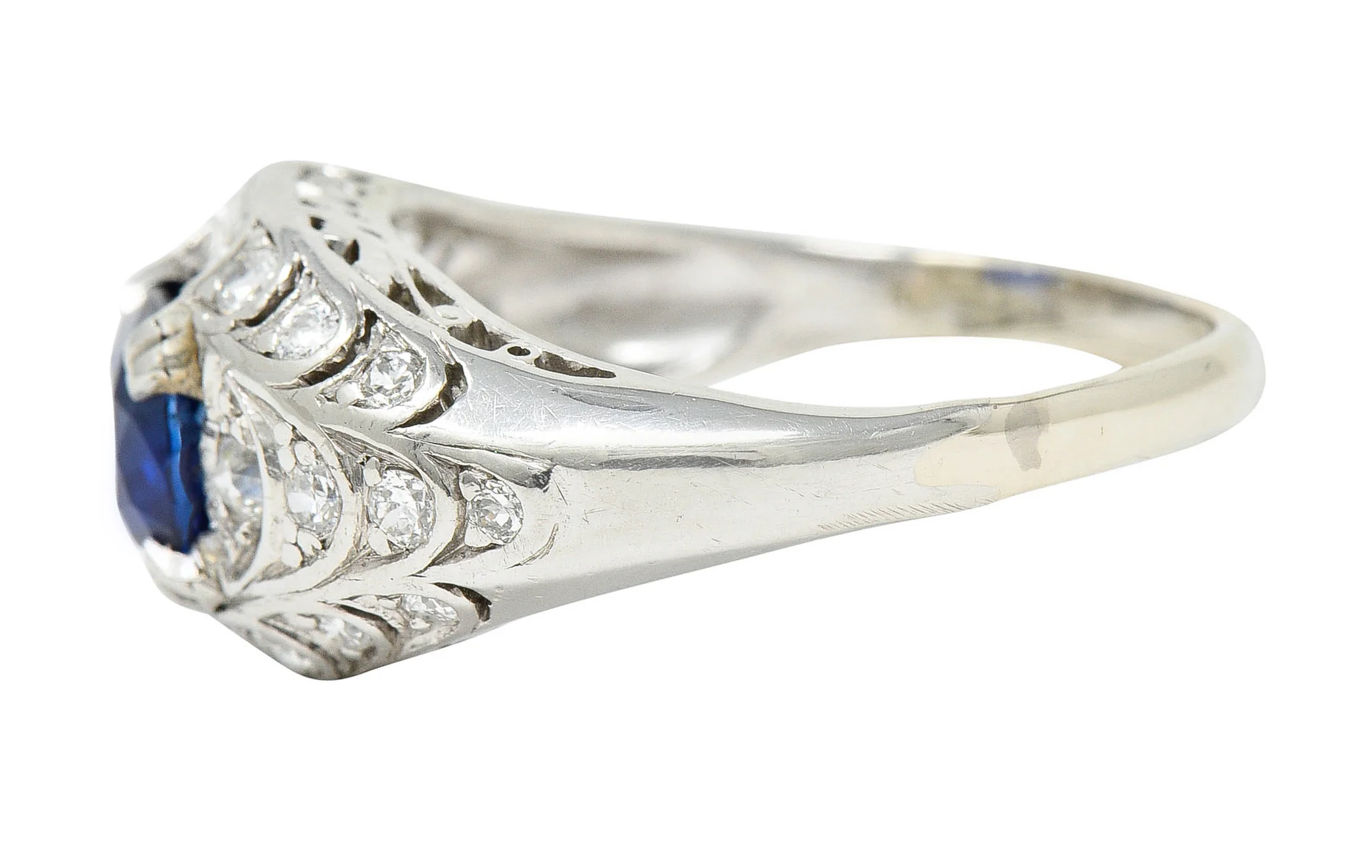 Art Deco 2.24 CTW No Heat Madagascar Sapphire Diamond Platinum Scalloped Ring - Image 6