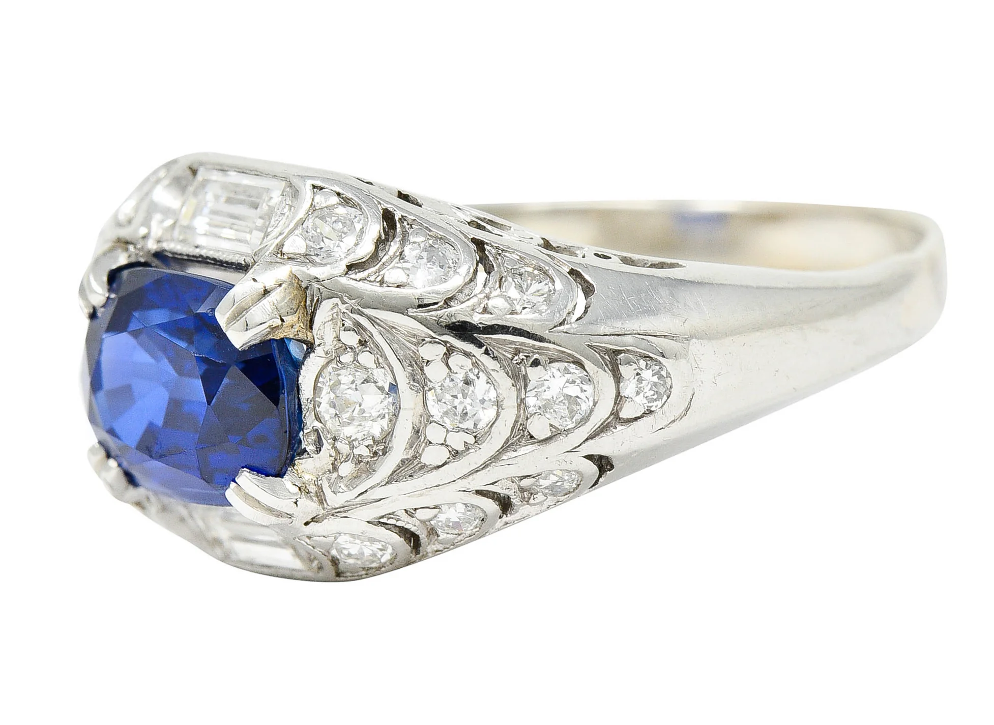 Art Deco 2.24 CTW No Heat Madagascar Sapphire Diamond Platinum Scalloped Ring - Image 7
