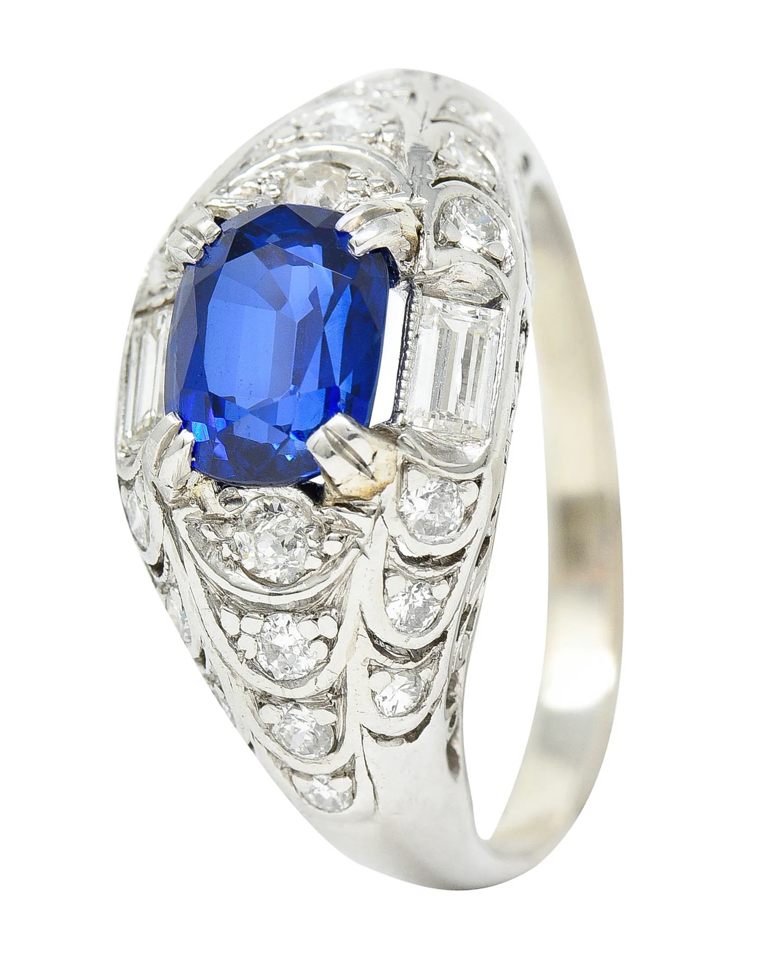Art Deco 2.24 CTW No Heat Madagascar Sapphire Diamond Platinum Scalloped Ring - Image 9