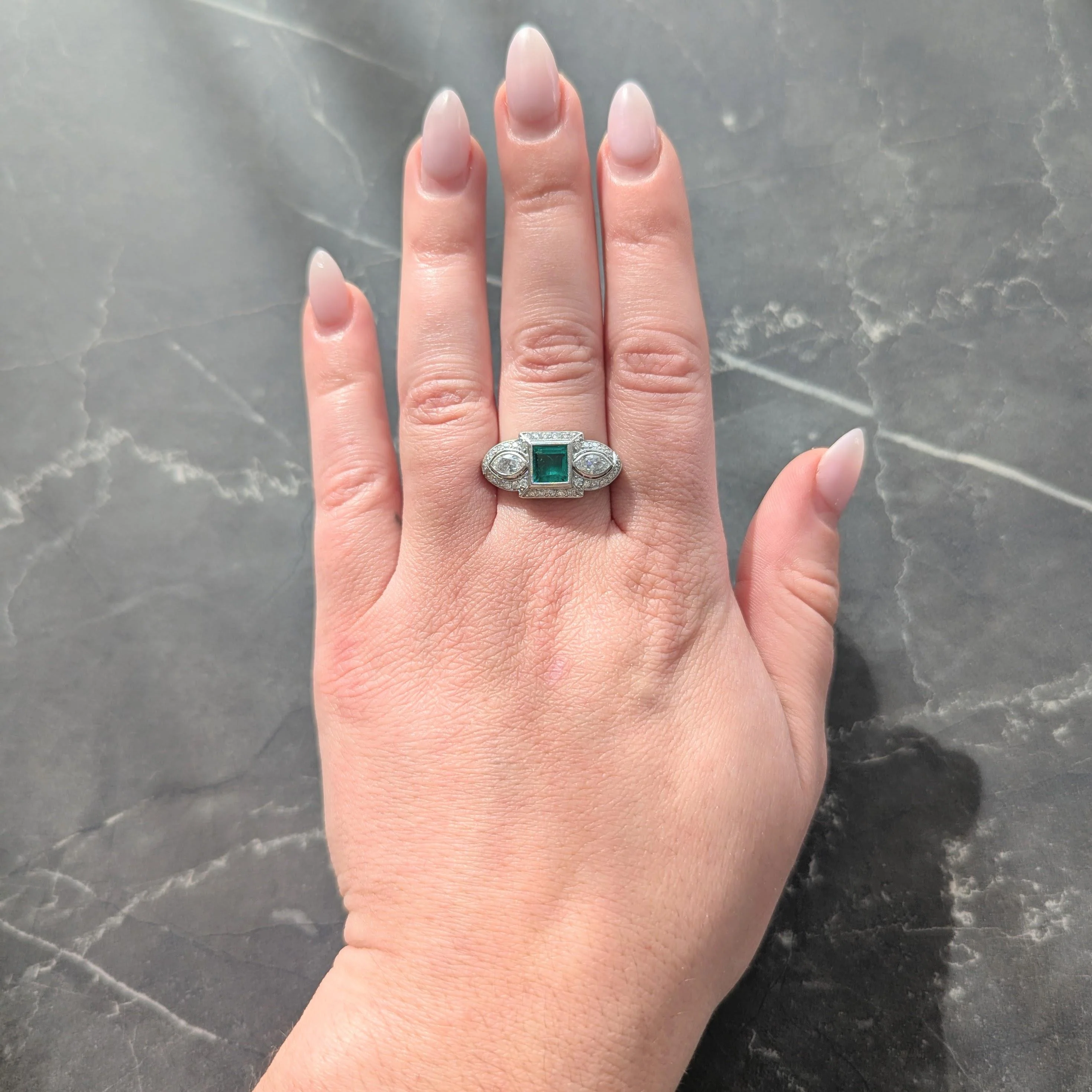 Art Deco 2.25 CTW Emerald Diamond Platinum Vintage Scrolling Three Stone Halo Ring - Image 2