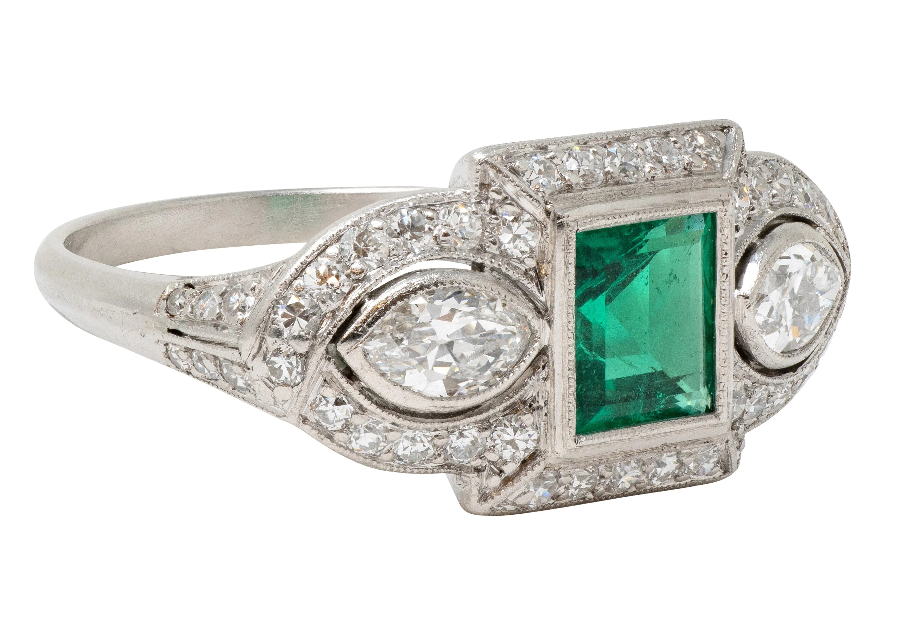 Art Deco 2.25 CTW Emerald Diamond Platinum Vintage Scrolling Three Stone Halo Ring - Image 3