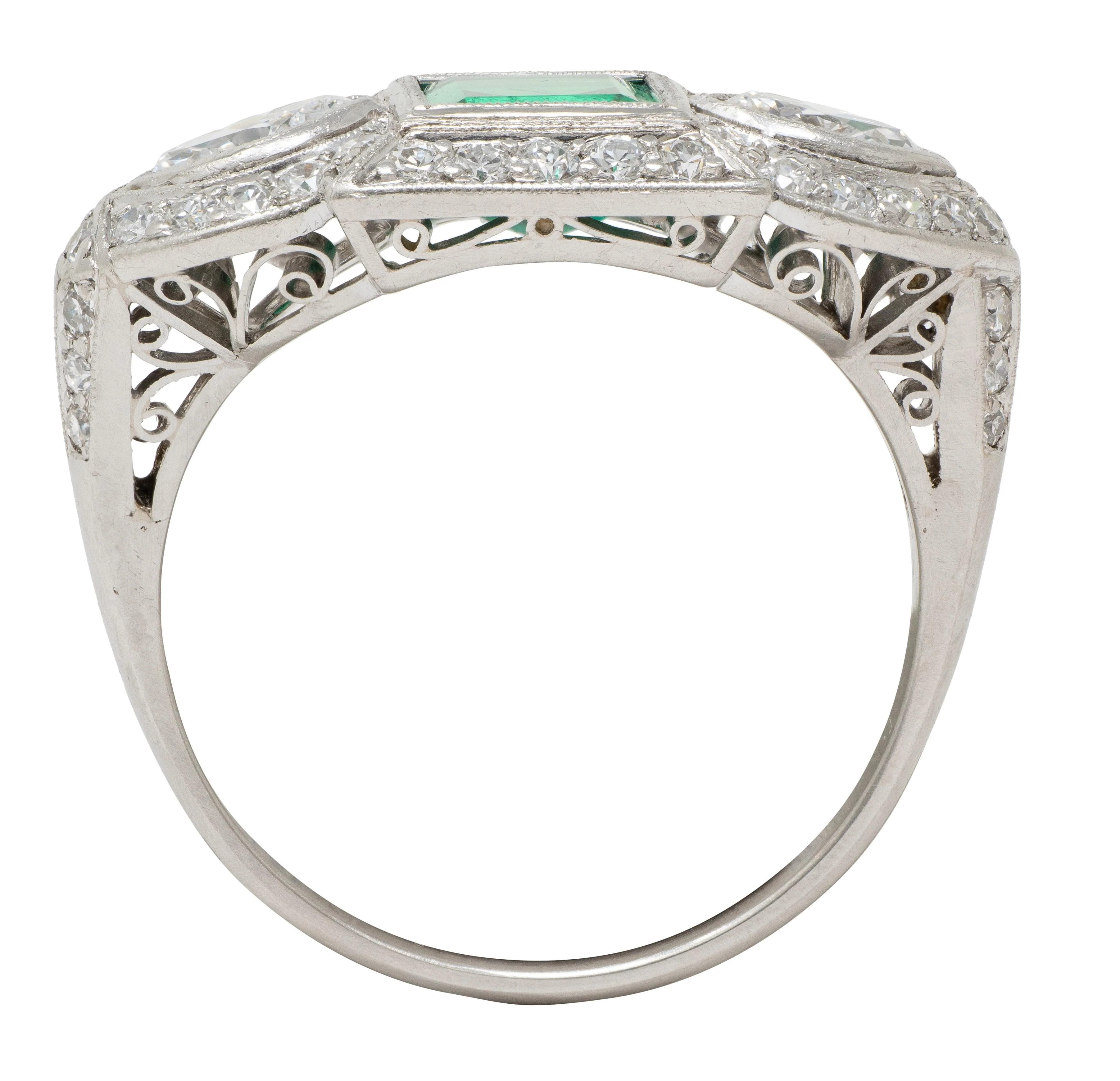 Art Deco 2.25 CTW Emerald Diamond Platinum Vintage Scrolling Three Stone Halo Ring - Image 4