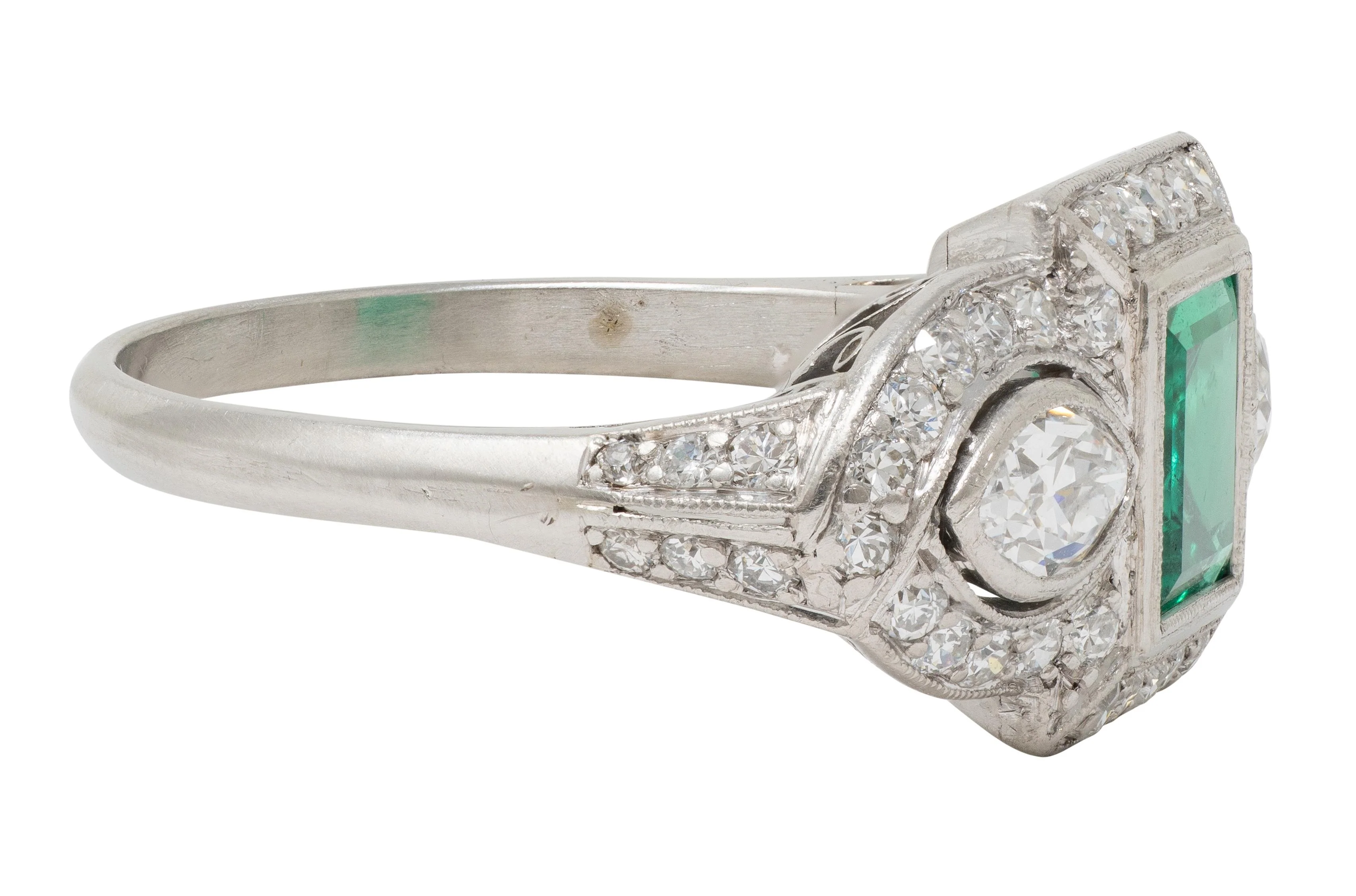 Art Deco 2.25 CTW Emerald Diamond Platinum Vintage Scrolling Three Stone Halo Ring - Image 5