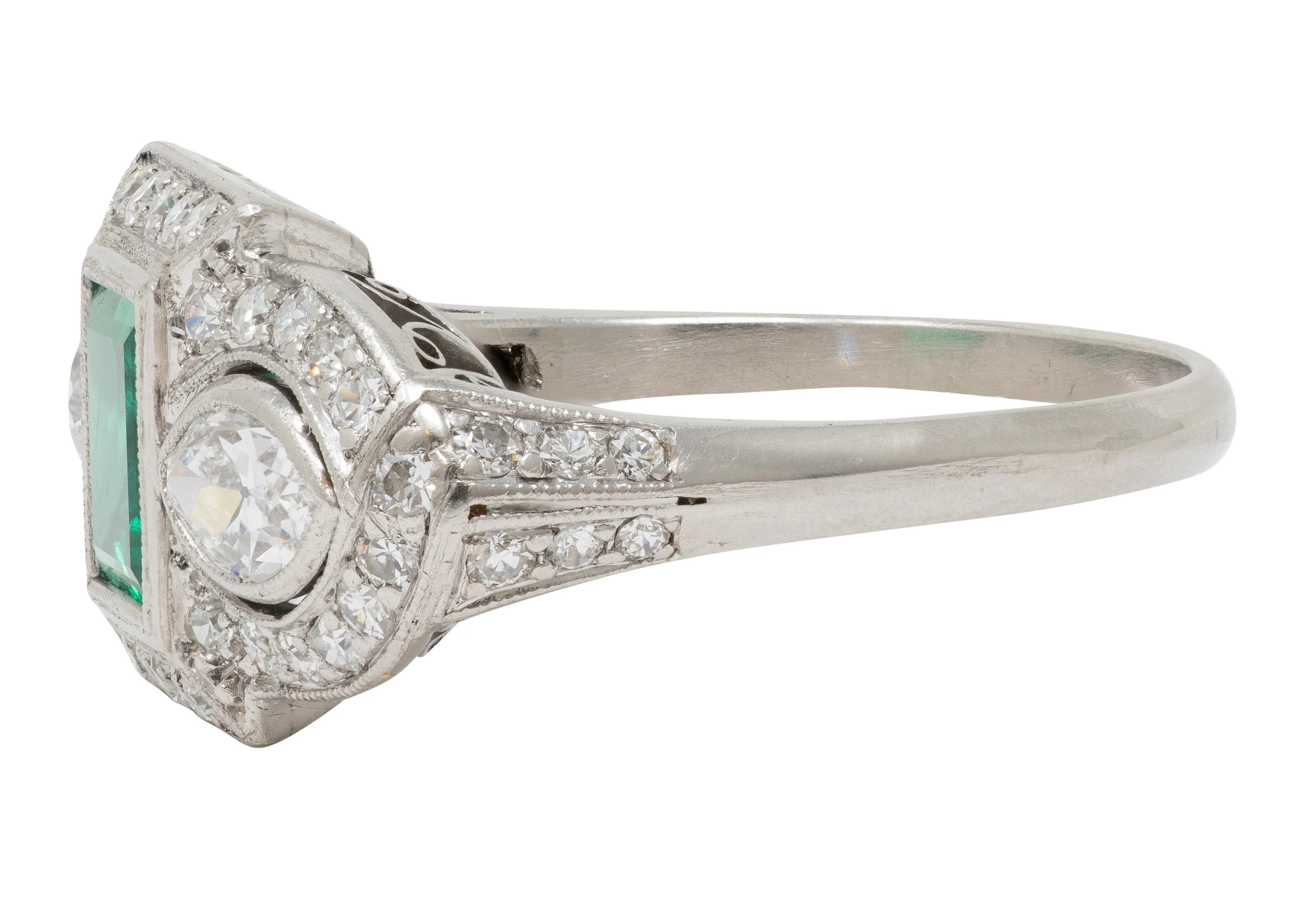 Art Deco 2.25 CTW Emerald Diamond Platinum Vintage Scrolling Three Stone Halo Ring - Image 7