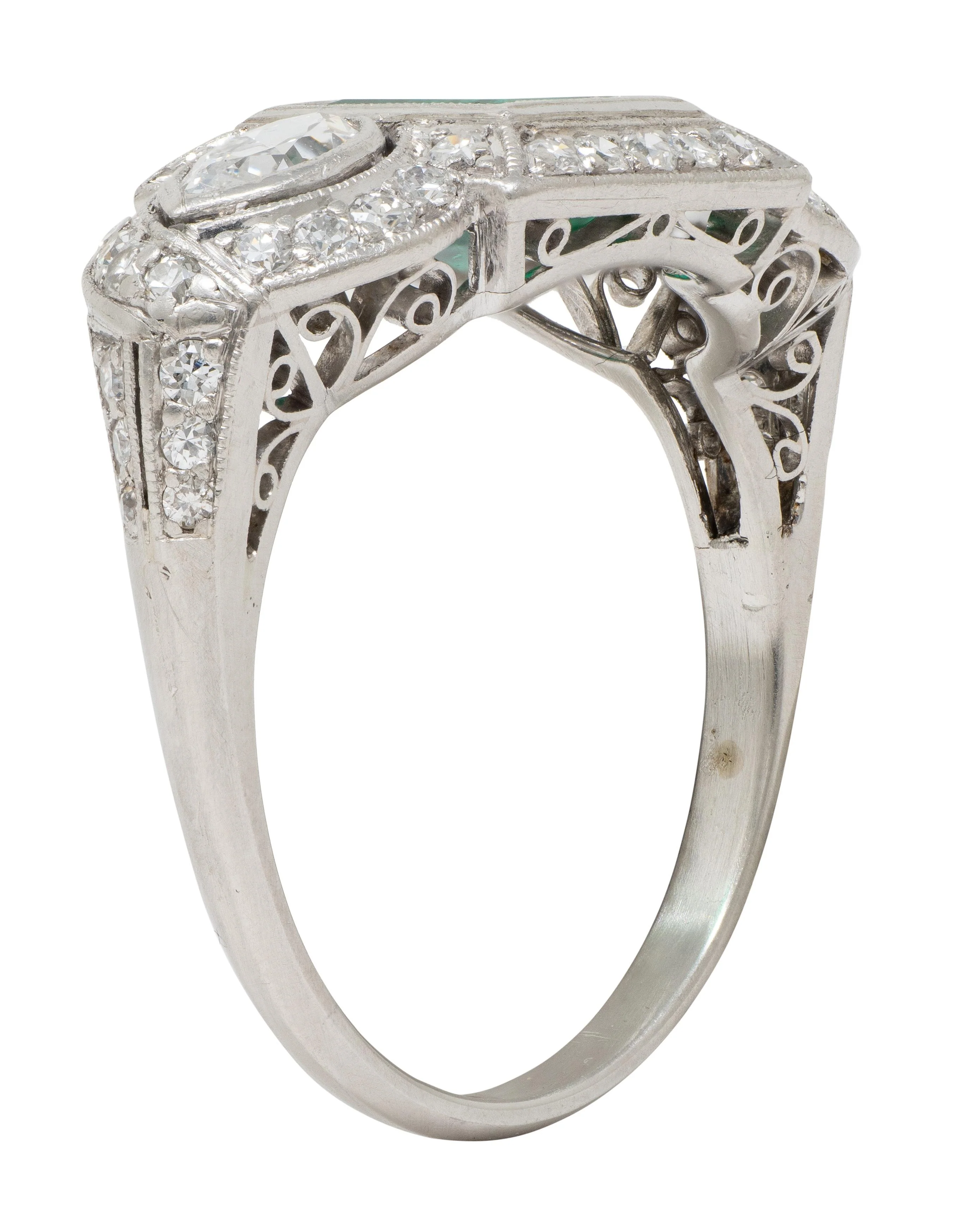 Art Deco 2.25 CTW Emerald Diamond Platinum Vintage Scrolling Three Stone Halo Ring - Image 9