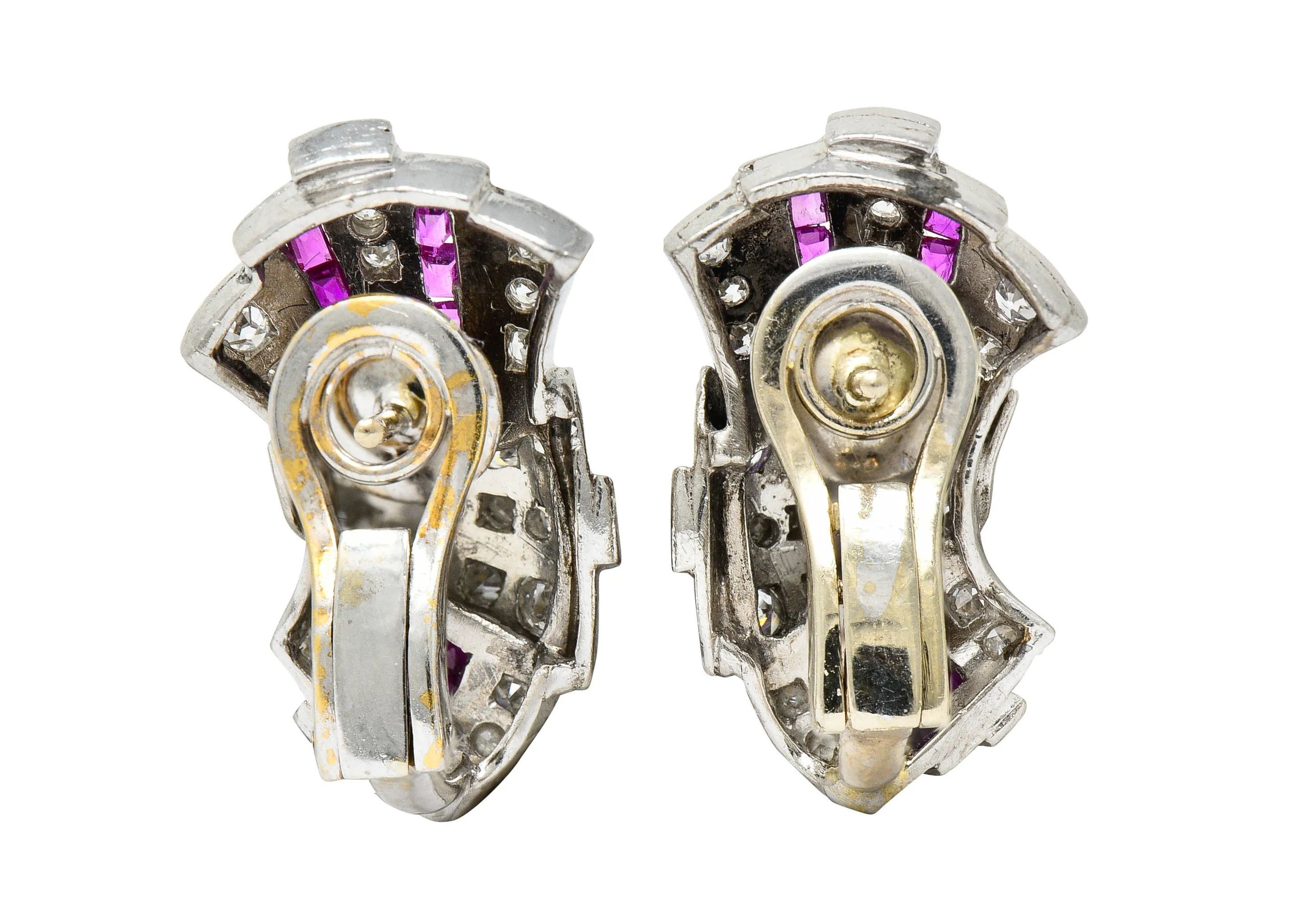Art Deco 2.25 CTW Ruby Diamond Platinum Flared Earrings Circa 1930 - Image 3