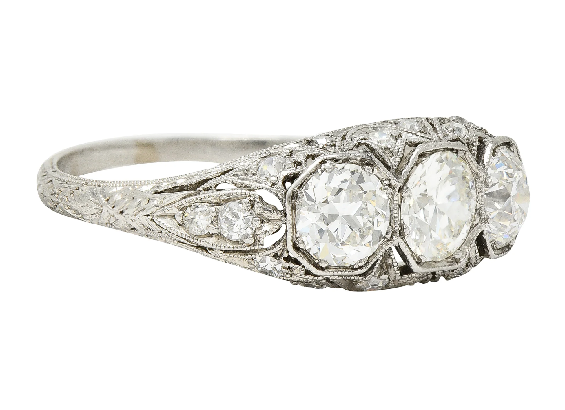 Art Deco 2.34 CTW Diamond Platinum Three Stone Tulip Vintage Ring - Image 3