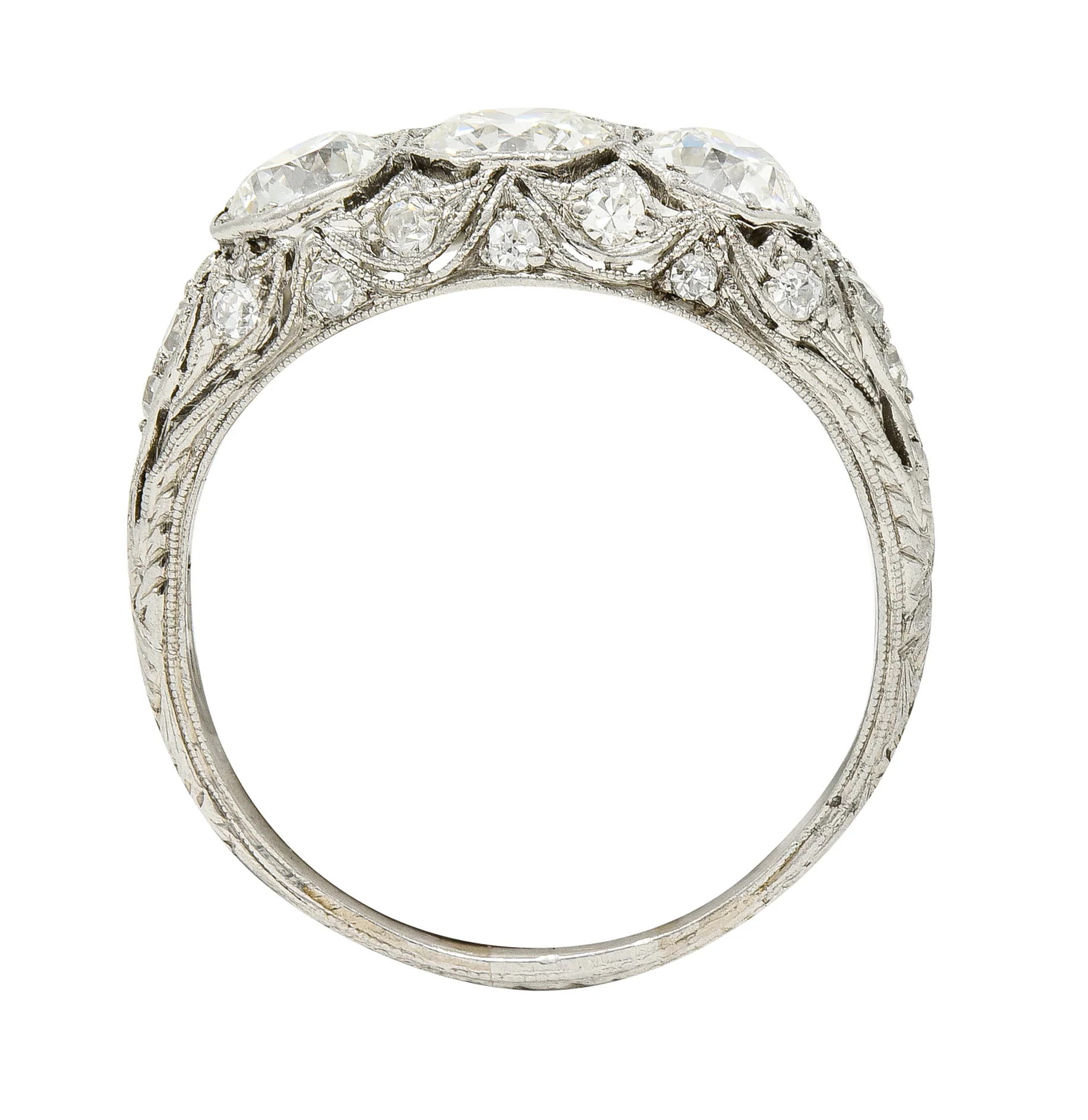 Art Deco 2.34 CTW Diamond Platinum Three Stone Tulip Vintage Ring - Image 9