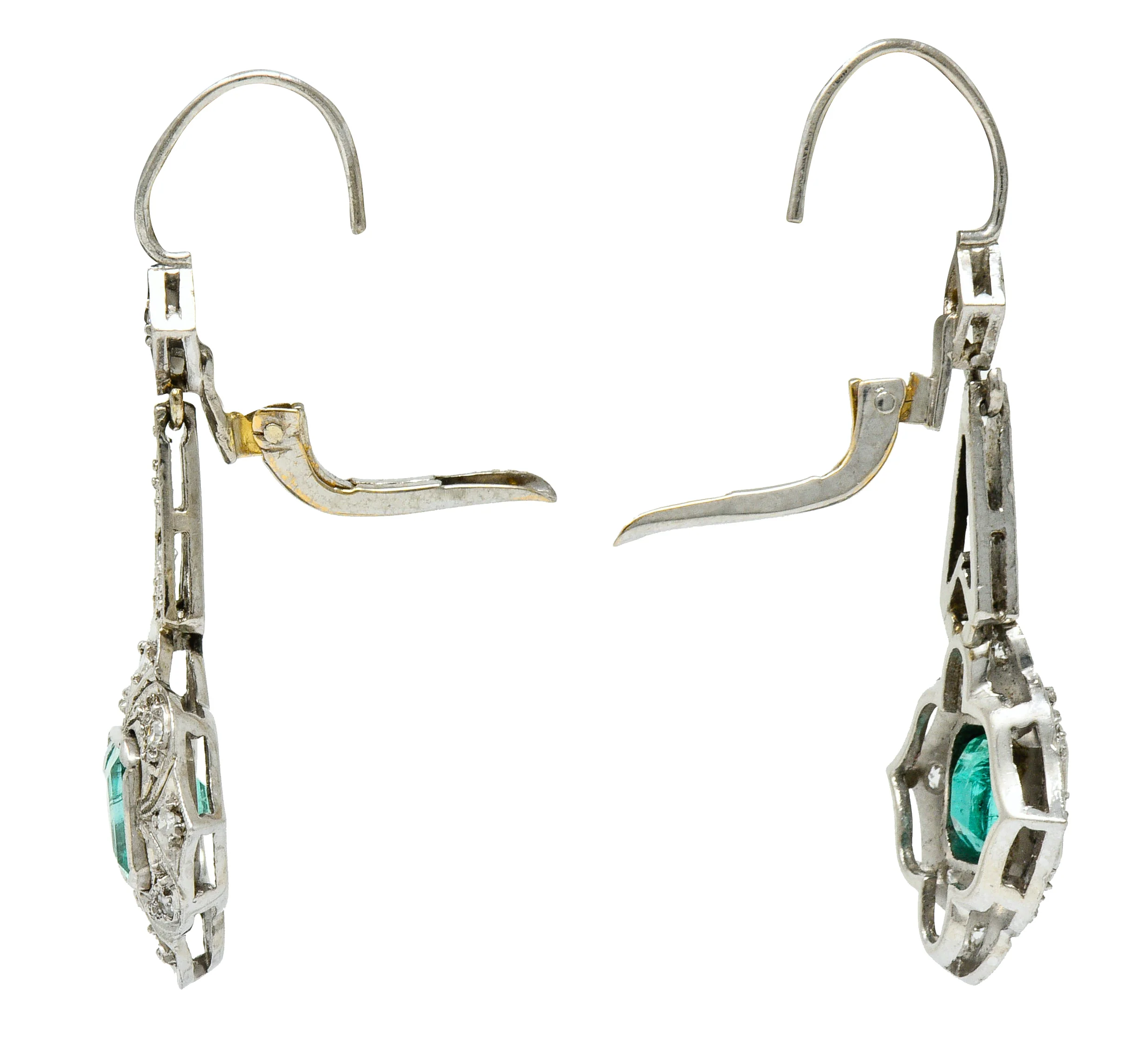 Art Deco 2.34 CTW Emerald Diamond Platinum Drop Earrings - Image 4
