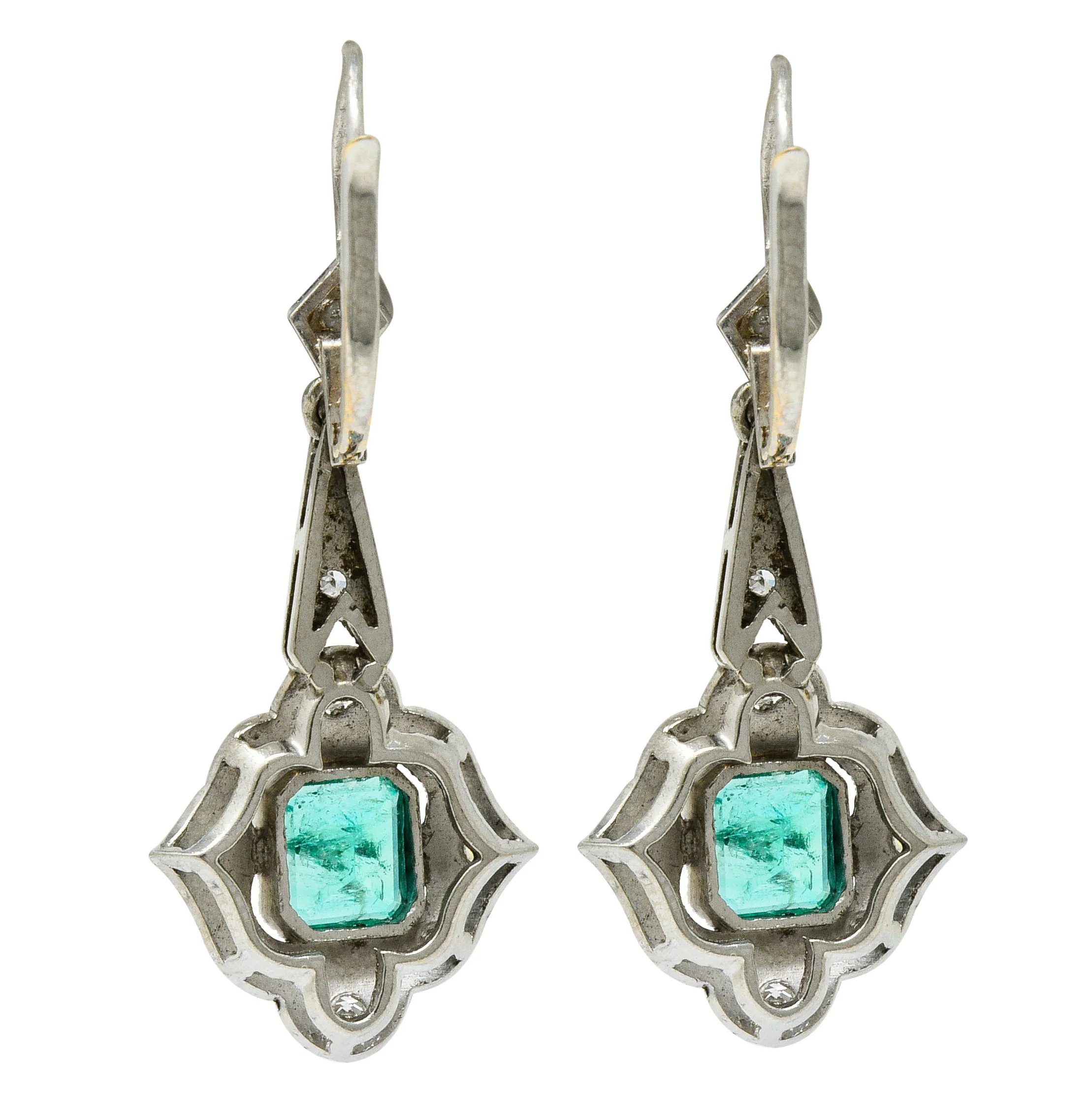 Art Deco 2.34 CTW Emerald Diamond Platinum Drop Earrings - Image 5