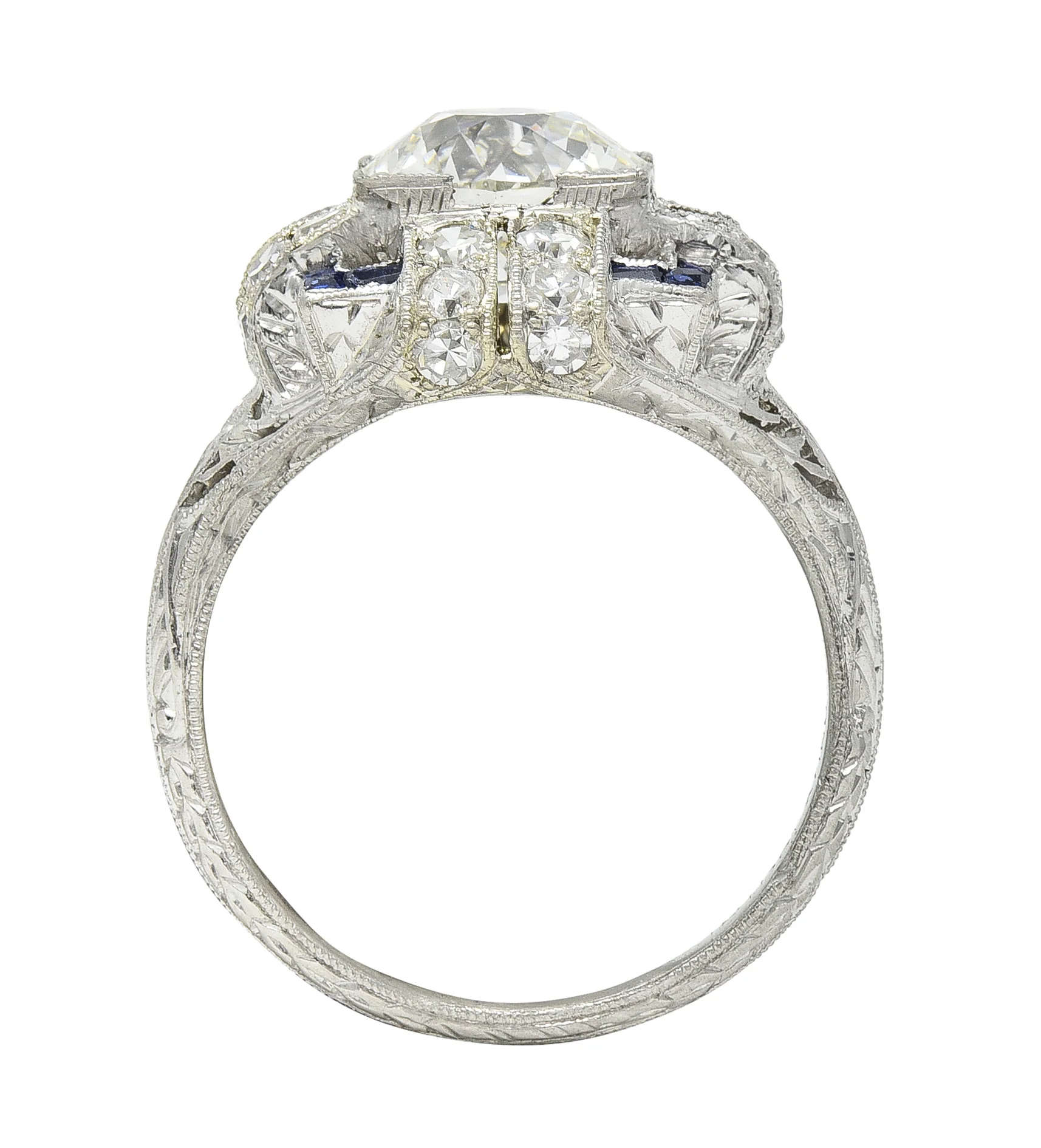 Art Deco 2.35 CTW Diamond Sapphire Platinum Foliate Quatrefoil Engagement Ring - Image 11