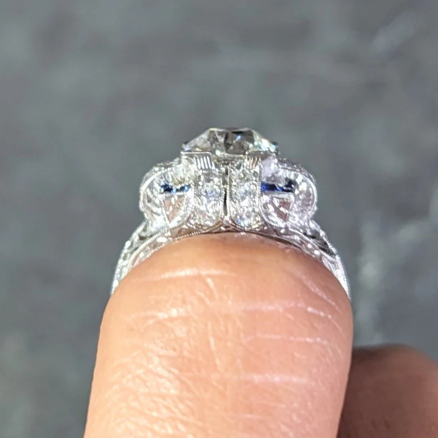 Art Deco 2.35 CTW Diamond Sapphire Platinum Foliate Quatrefoil Engagement Ring - Image 16