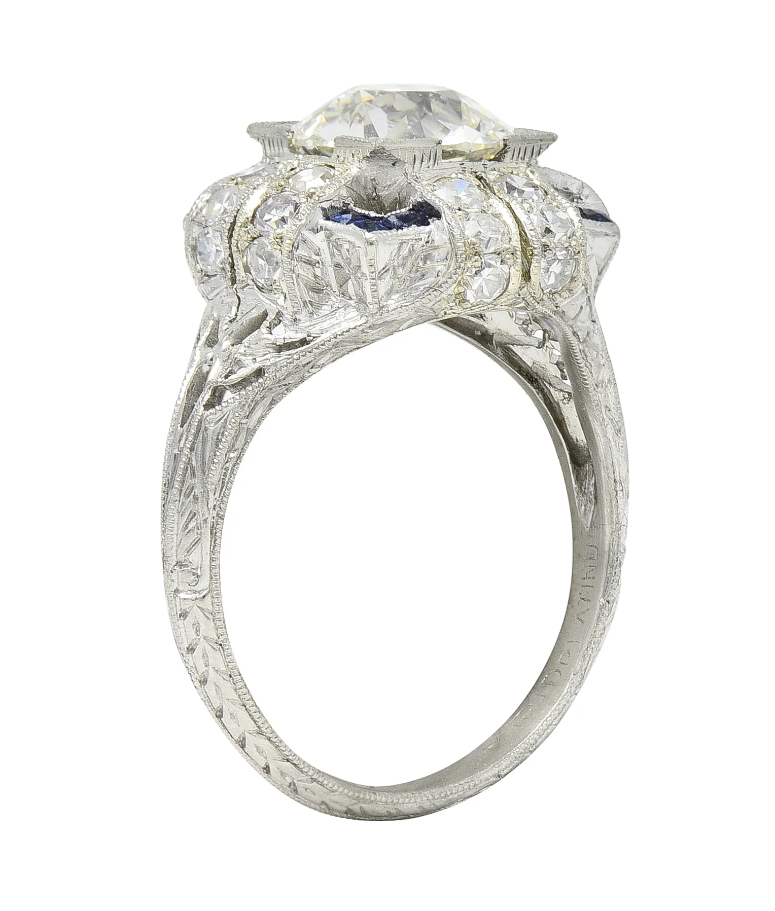 Art Deco 2.35 CTW Diamond Sapphire Platinum Foliate Quatrefoil Engagement Ring - Image 2
