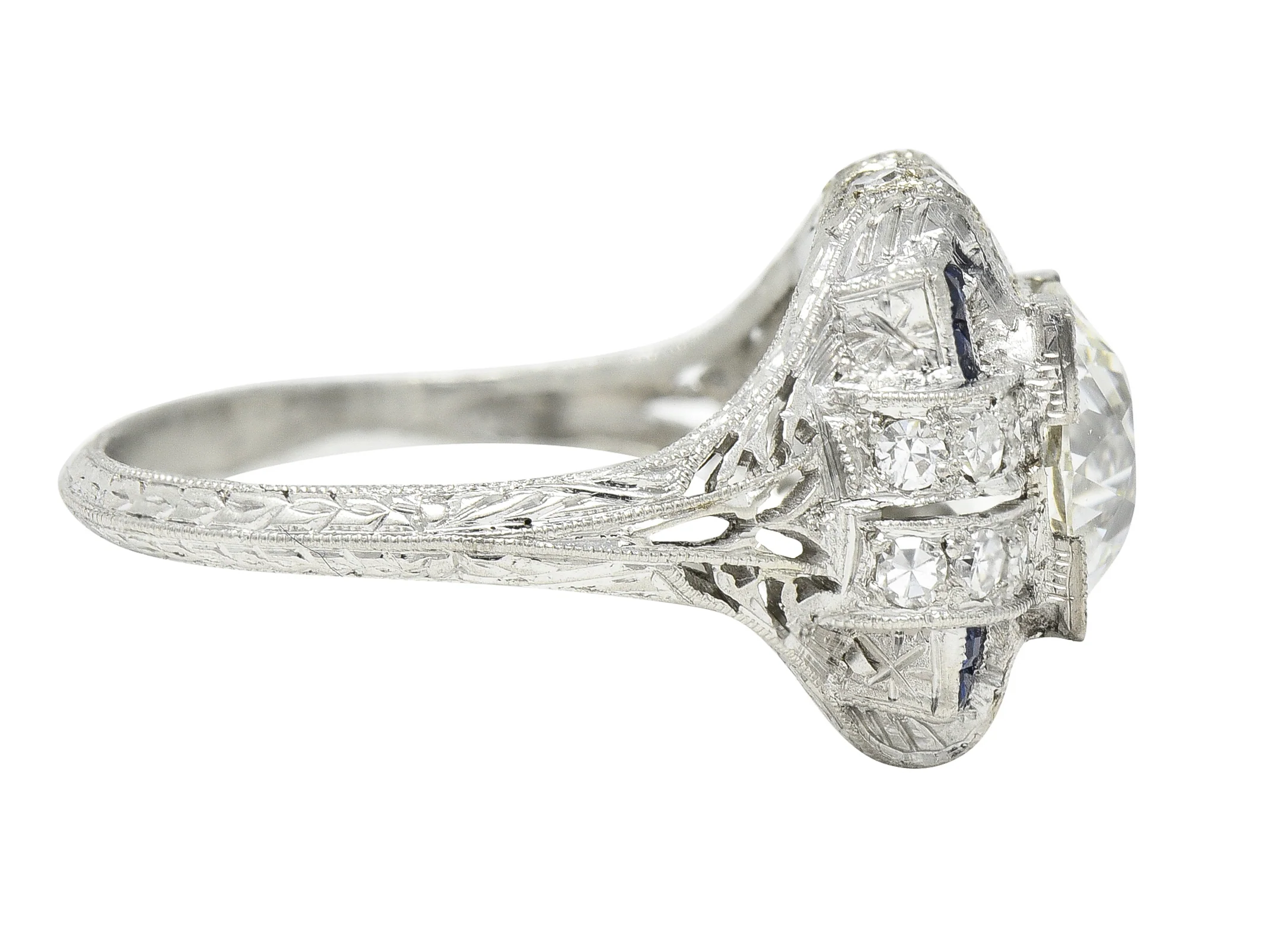 Art Deco 2.35 CTW Diamond Sapphire Platinum Foliate Quatrefoil Engagement Ring - Image 4