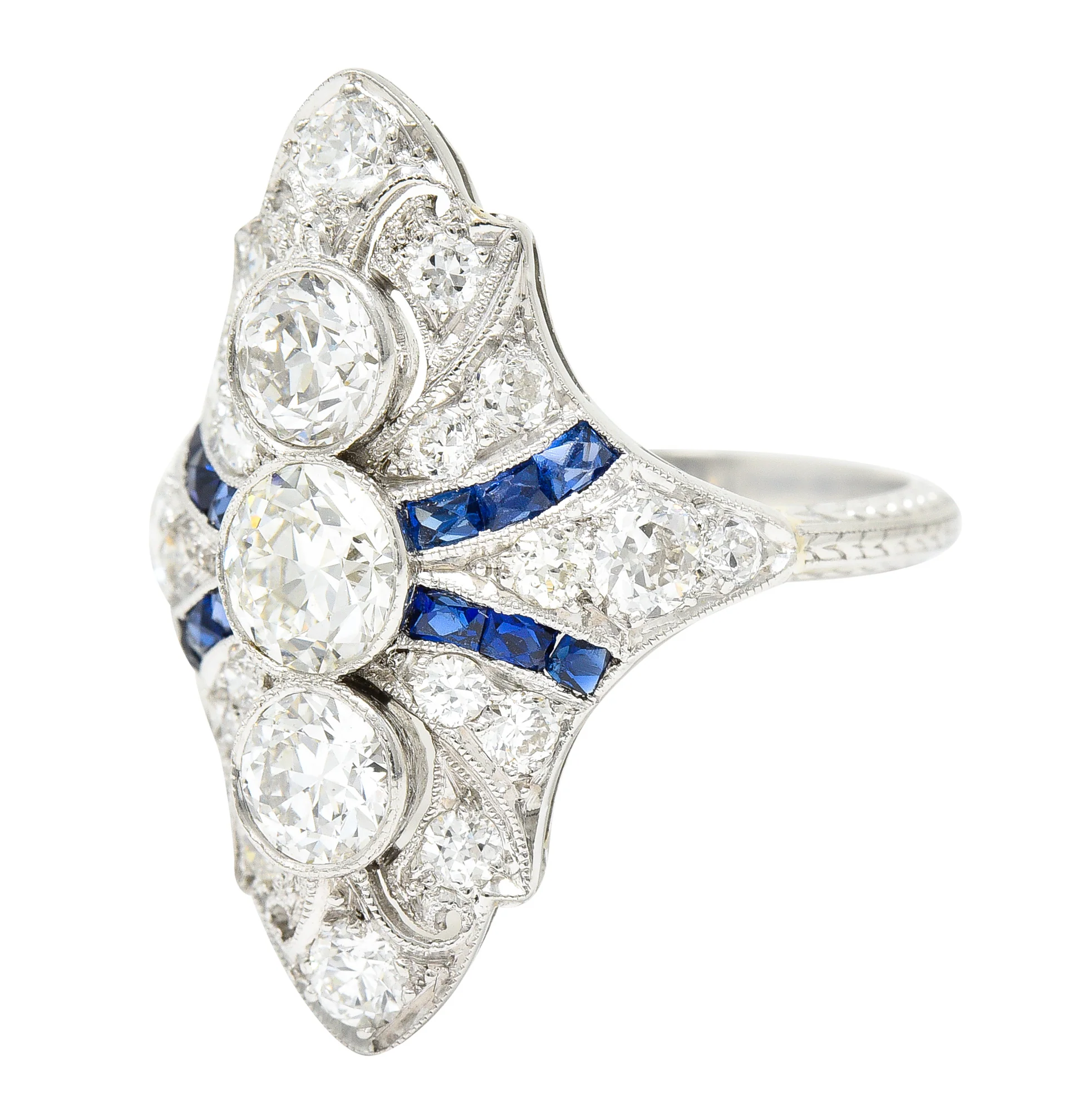 Art Deco 2.45 CTW Old European Cut Diamond French Cut Sapphire Platinum Navette Wheat Dinner Ring - Image 6