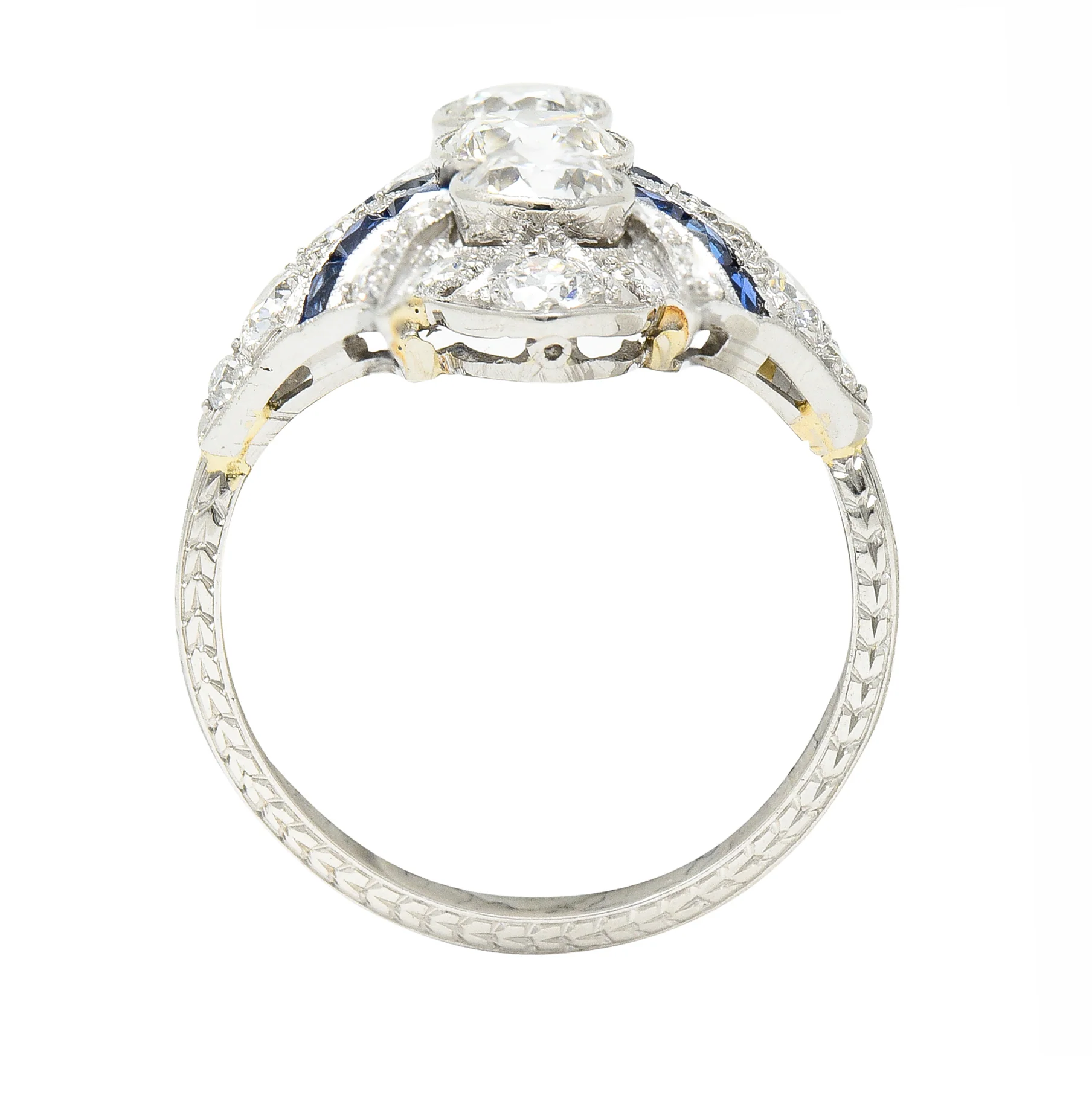Art Deco 2.45 CTW Old European Cut Diamond French Cut Sapphire Platinum Navette Wheat Dinner Ring - Image 9