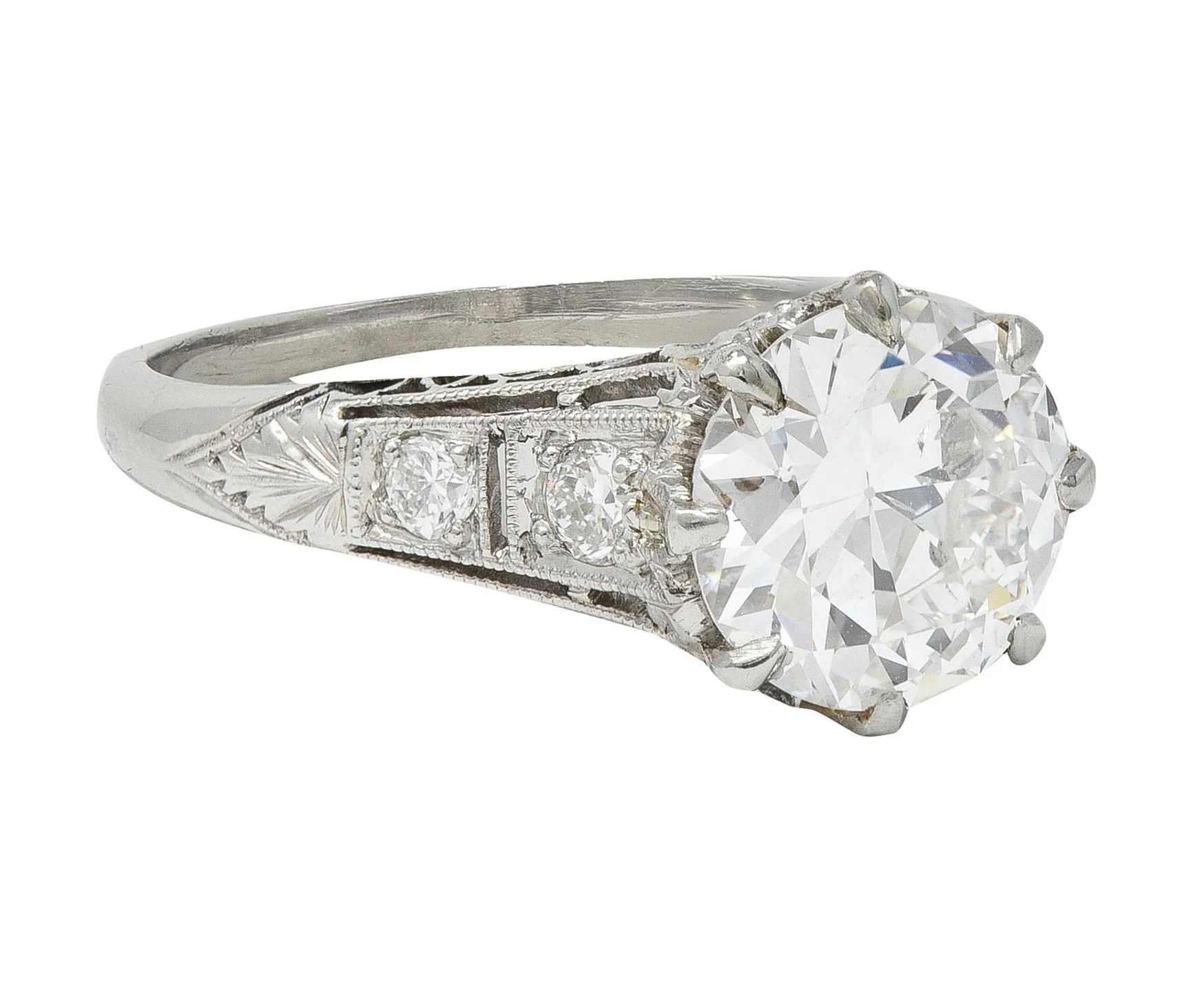 Art Deco 2.46 CTW Old European Cut Diamond Platinum Lotus Vintage Engagement Ring GIA - Image 3