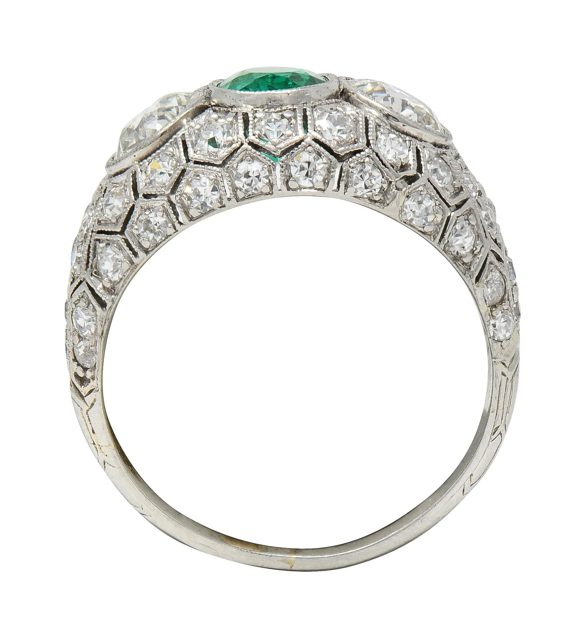 Art Deco 2.49 CTW Emerald Diamond Platinum Three Stone Antique Bombé Ring - Image 10