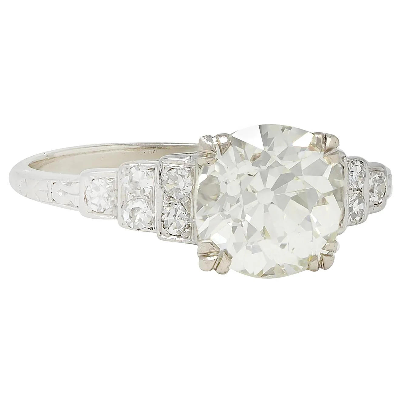 Art Deco 2.49 CTW Old Mine Cut Diamond Platinum Vintage Stepped Engagement Ring - Image 2