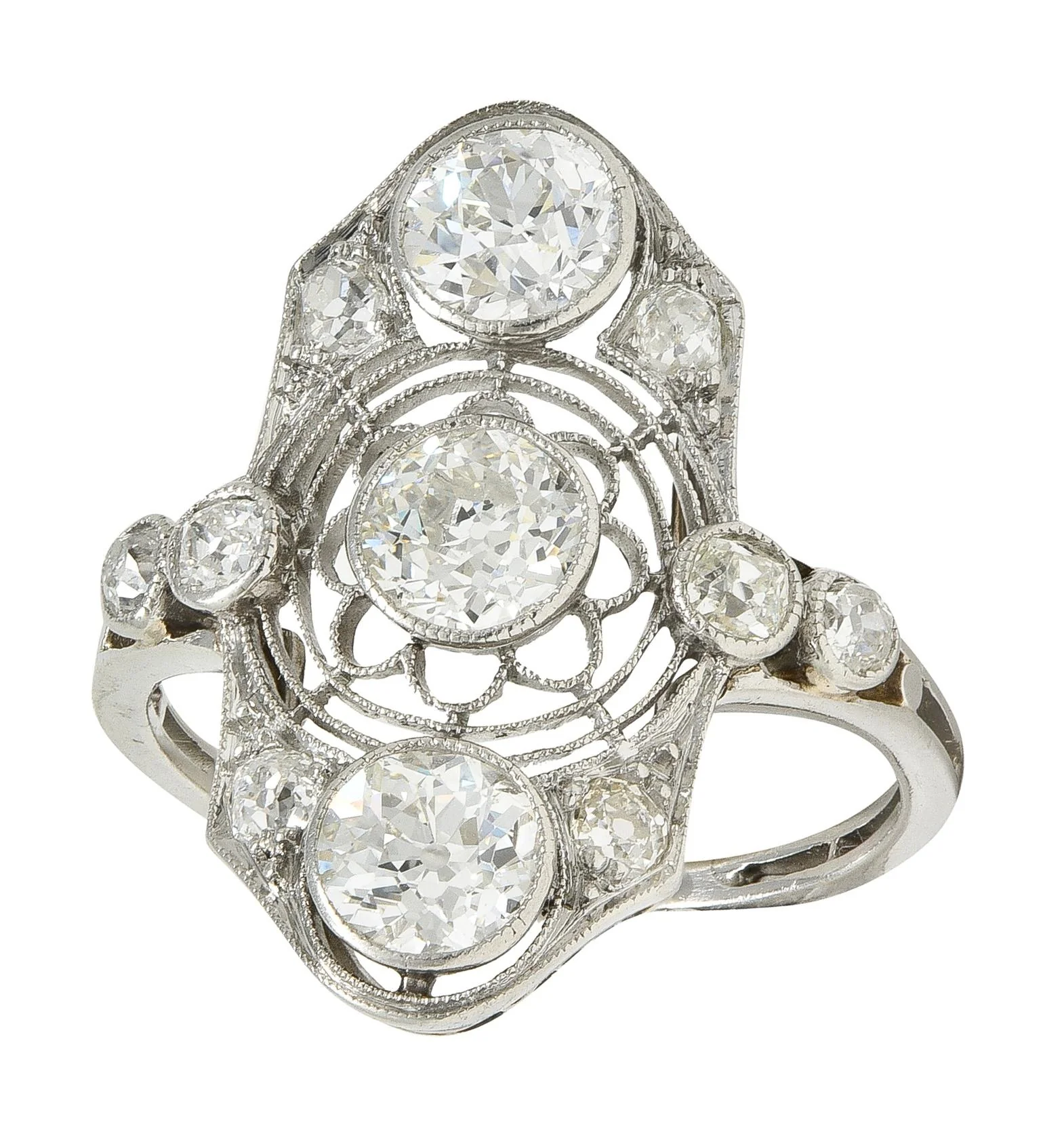 Art Deco 2.50 CTW Old European Diamond Platinum Vintage Floral Navette Dinner Ring - Image 10