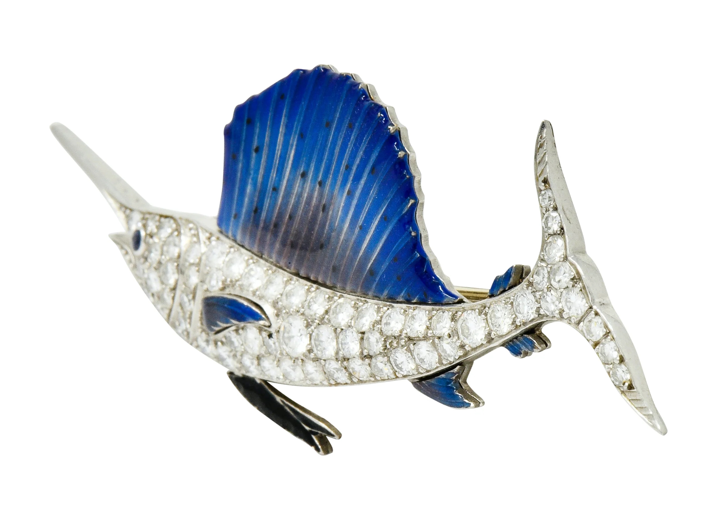 Art Deco 2.60 CTW Diamond Blue Enamel Platinum Swordfish Brooch - Image 2
