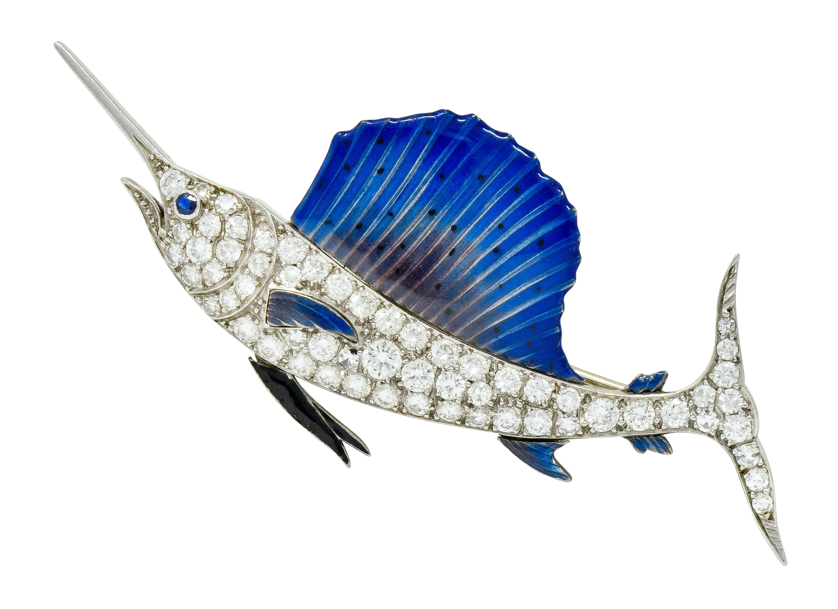 Art Deco 2.60 CTW Diamond Blue Enamel Platinum Swordfish Brooch - Image 9
