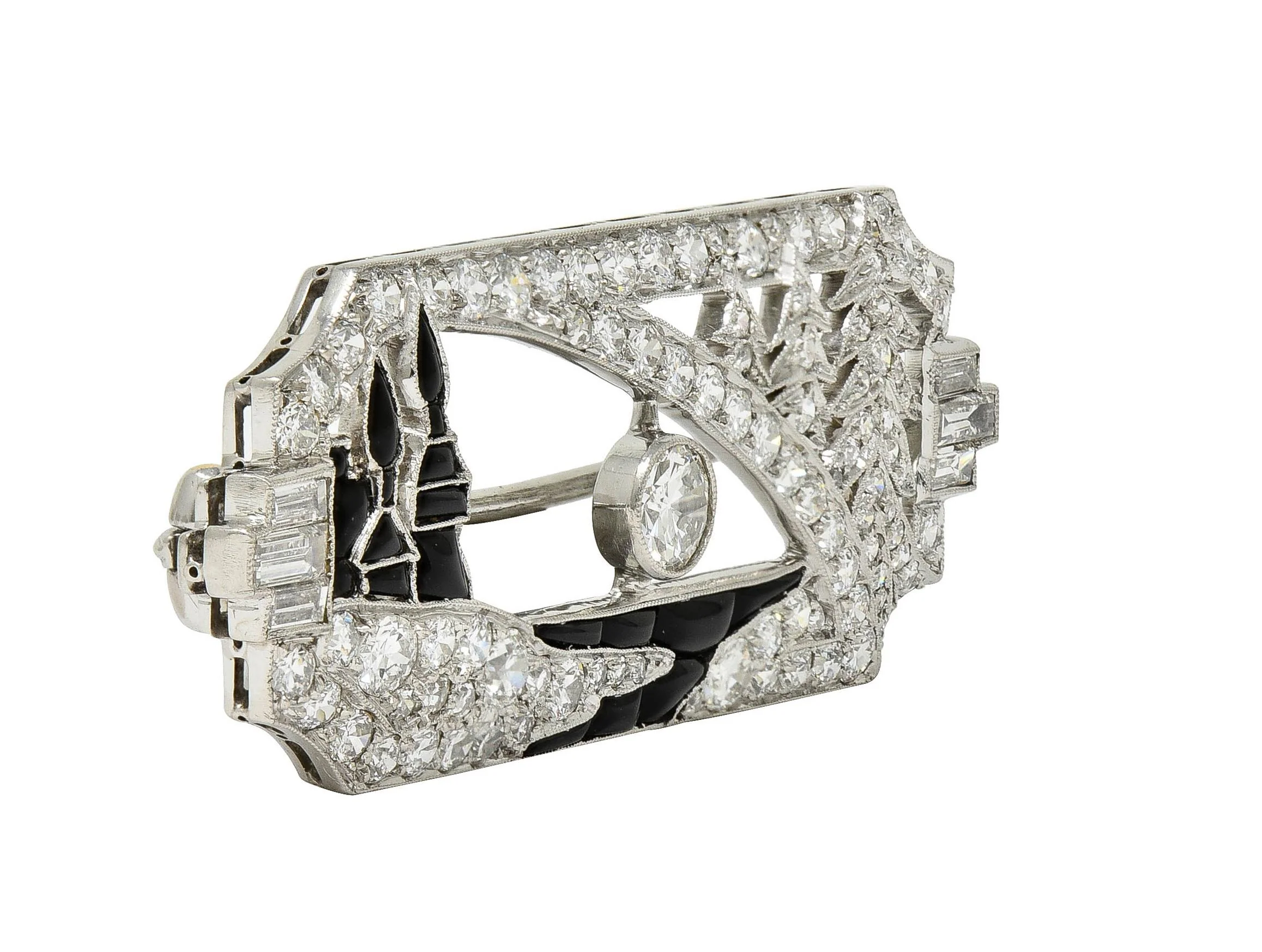 Art Deco 2.63 CTW Diamond Onyx Platinum Antique Horizon Brooch - Image 4