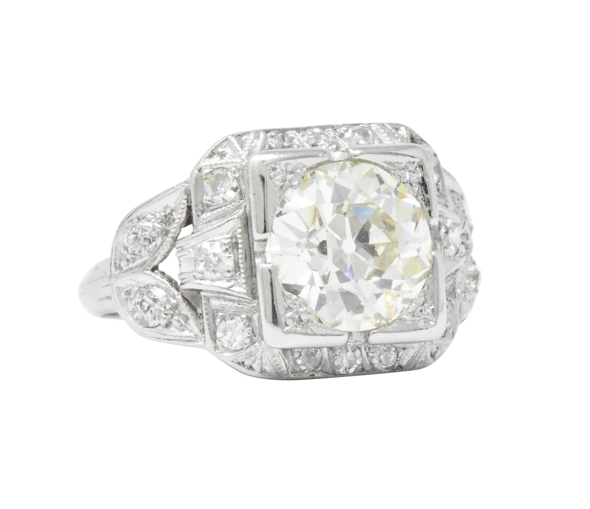 Art Deco 2.69 CTW Diamond Platinum Cushion Foliate Engagement Ring GIA - Image 7