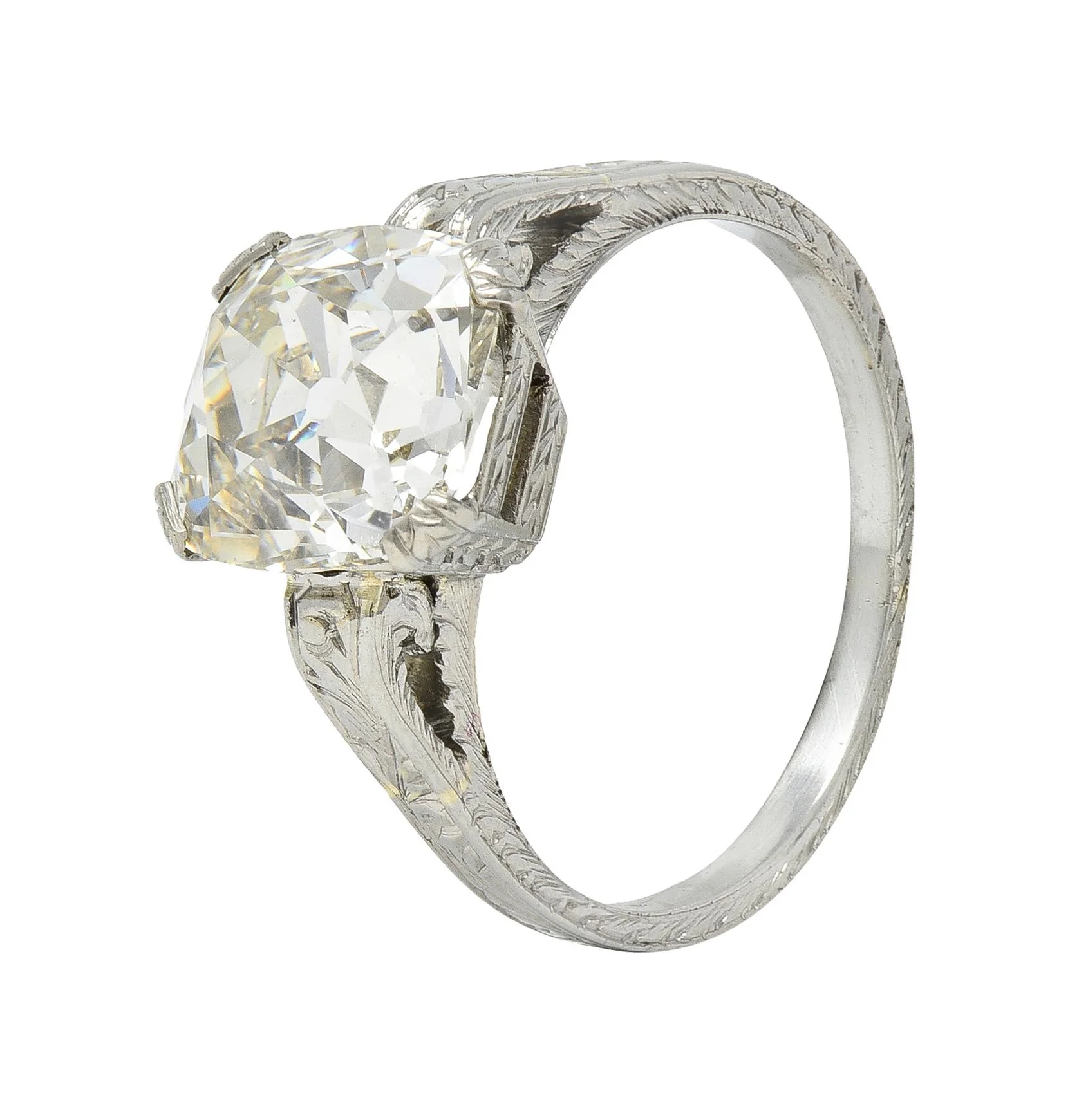 Art Deco 2.69 CTW Old Mine Cut 18 Karat White Gold Volute Antique Engagement Ring GIA - Image 9