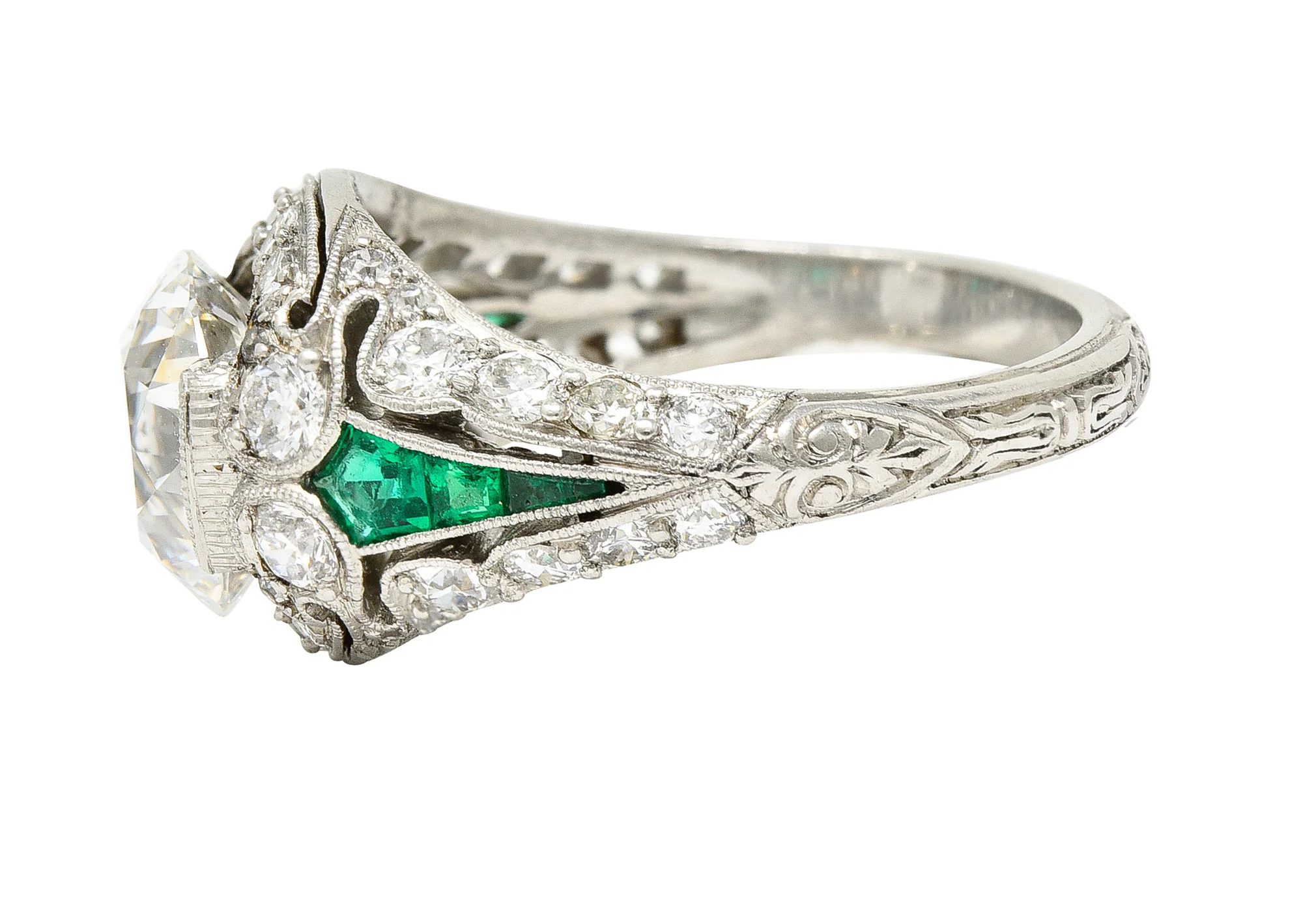 Art Deco 2.74 CTW Old European Cut Diamond Emerald Platinum Vintage Engagement Ring - Image 6