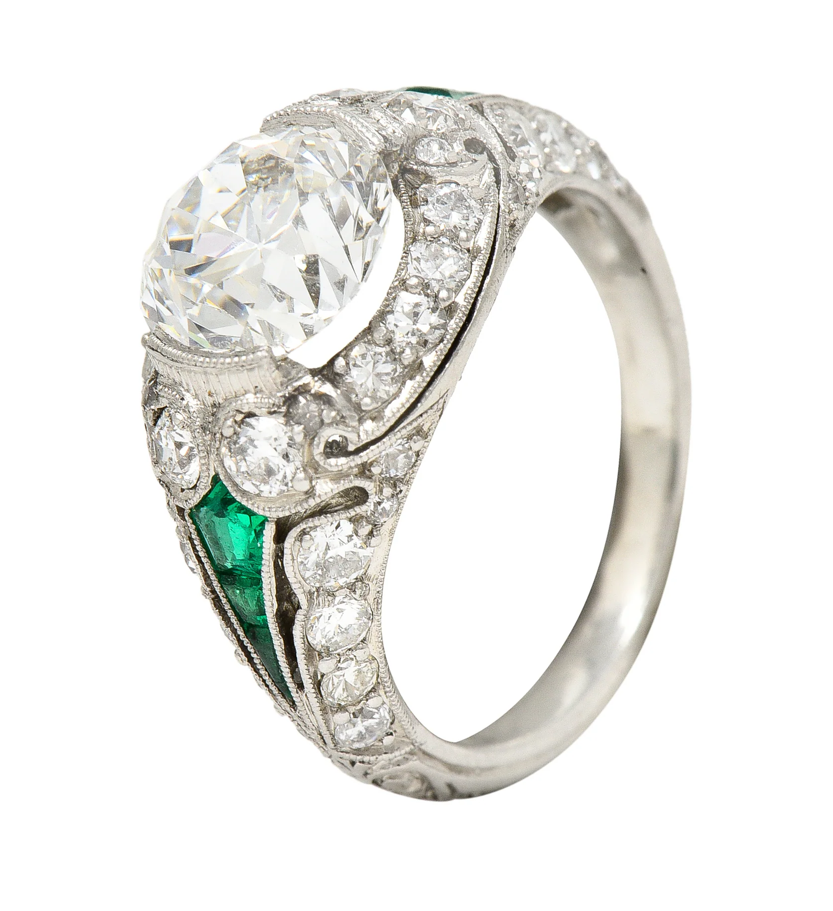 Art Deco 2.74 CTW Old European Cut Diamond Emerald Platinum Vintage Engagement Ring - Image 8