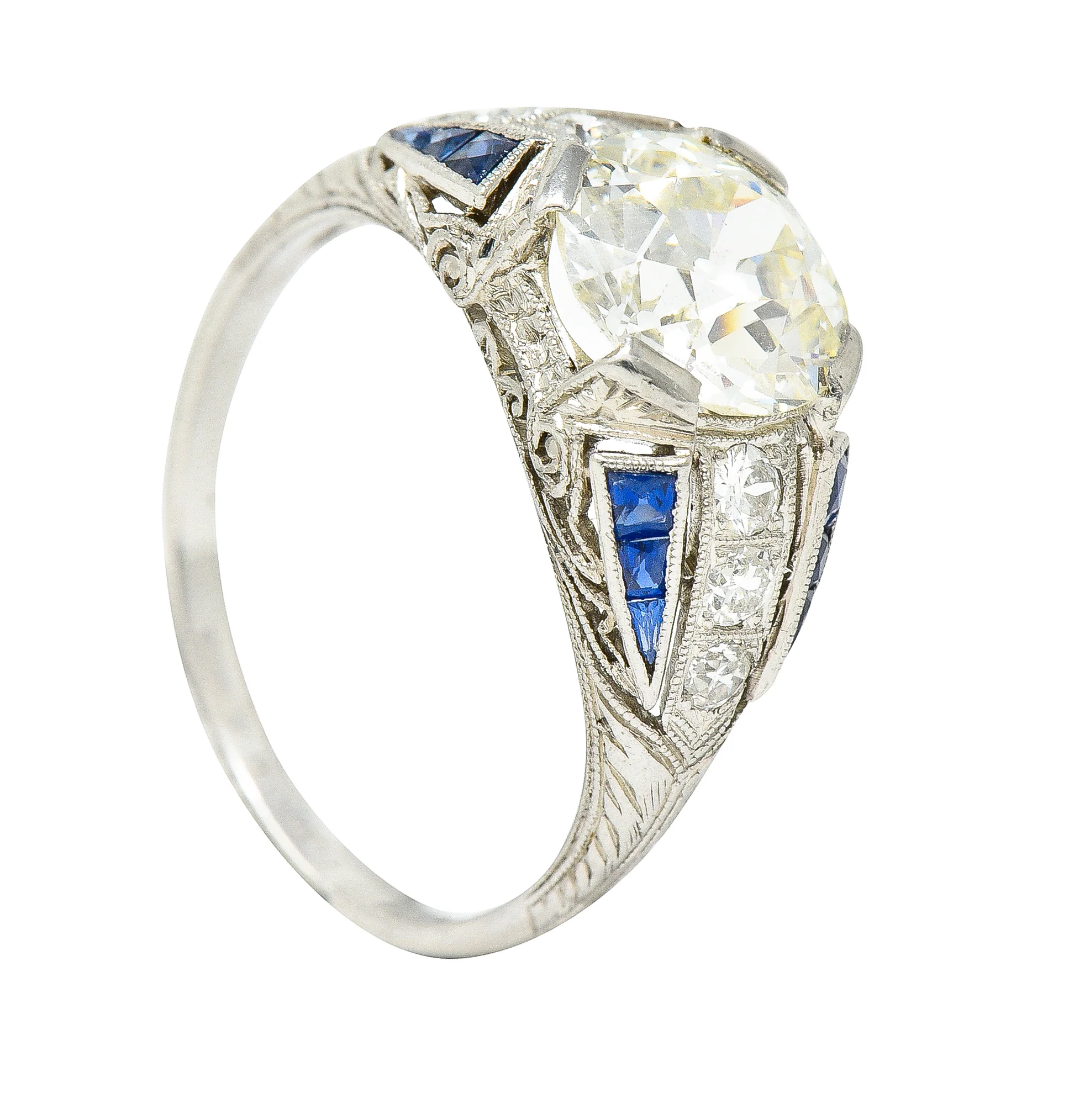 Art Deco 2.79 CTW Old European Cut Diamond Sapphire Platinum Scrolling Engagement Ring - Image 10
