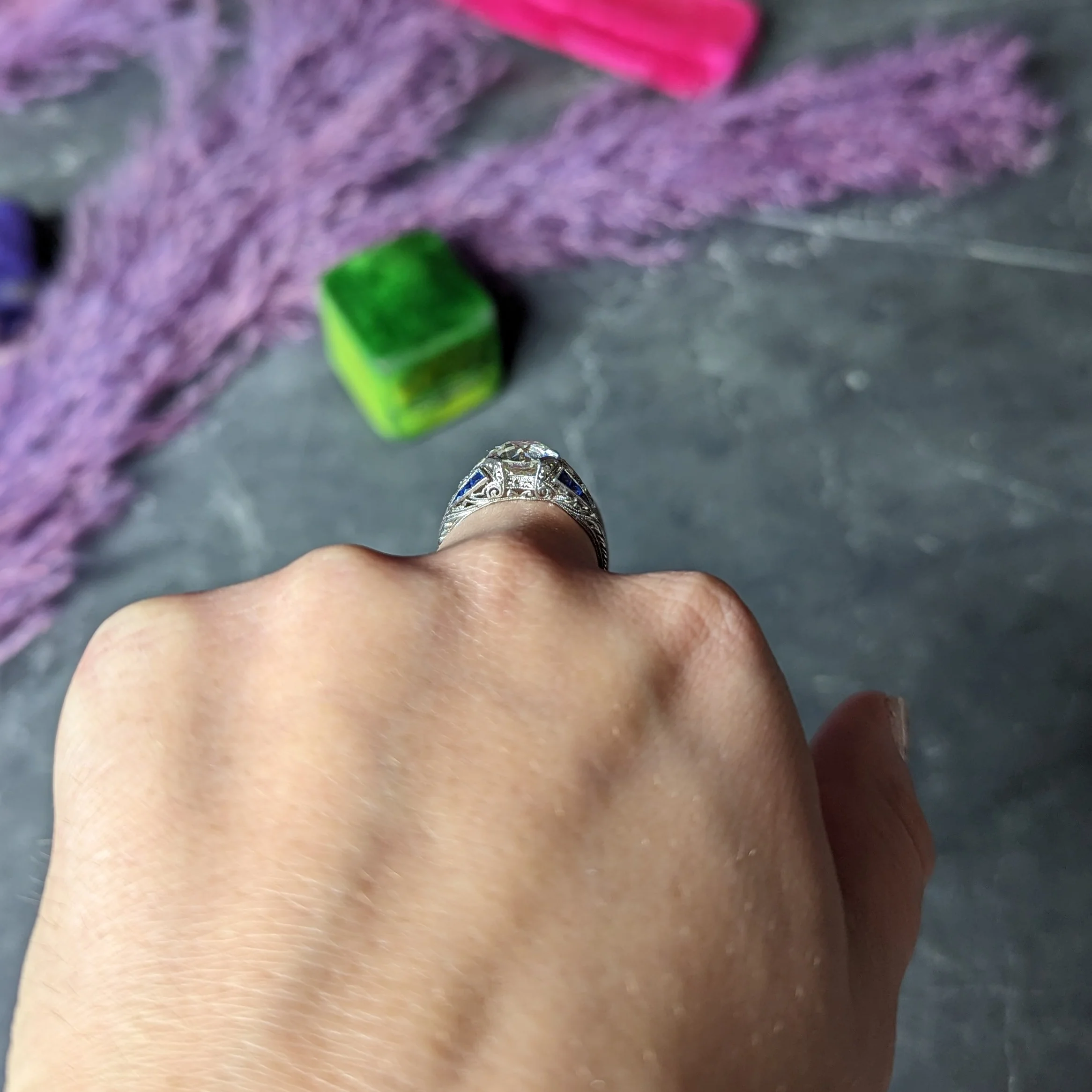 Art Deco 2.79 CTW Old European Cut Diamond Sapphire Platinum Scrolling Engagement Ring - Image 12