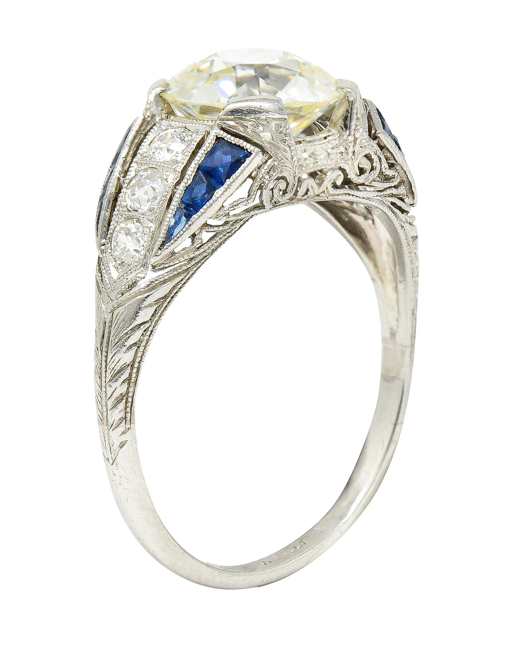 Art Deco 2.79 CTW Old European Cut Diamond Sapphire Platinum Scrolling Engagement Ring - Image 2
