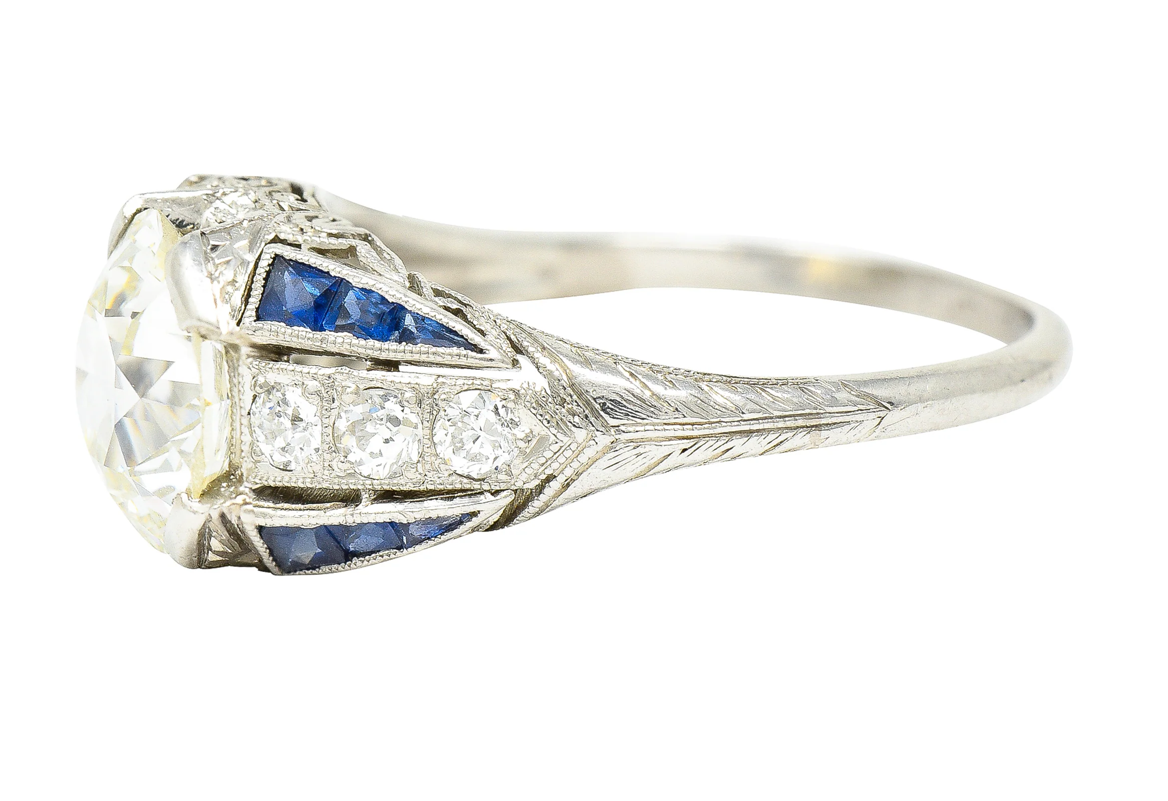 Art Deco 2.79 CTW Old European Cut Diamond Sapphire Platinum Scrolling Engagement Ring - Image 6