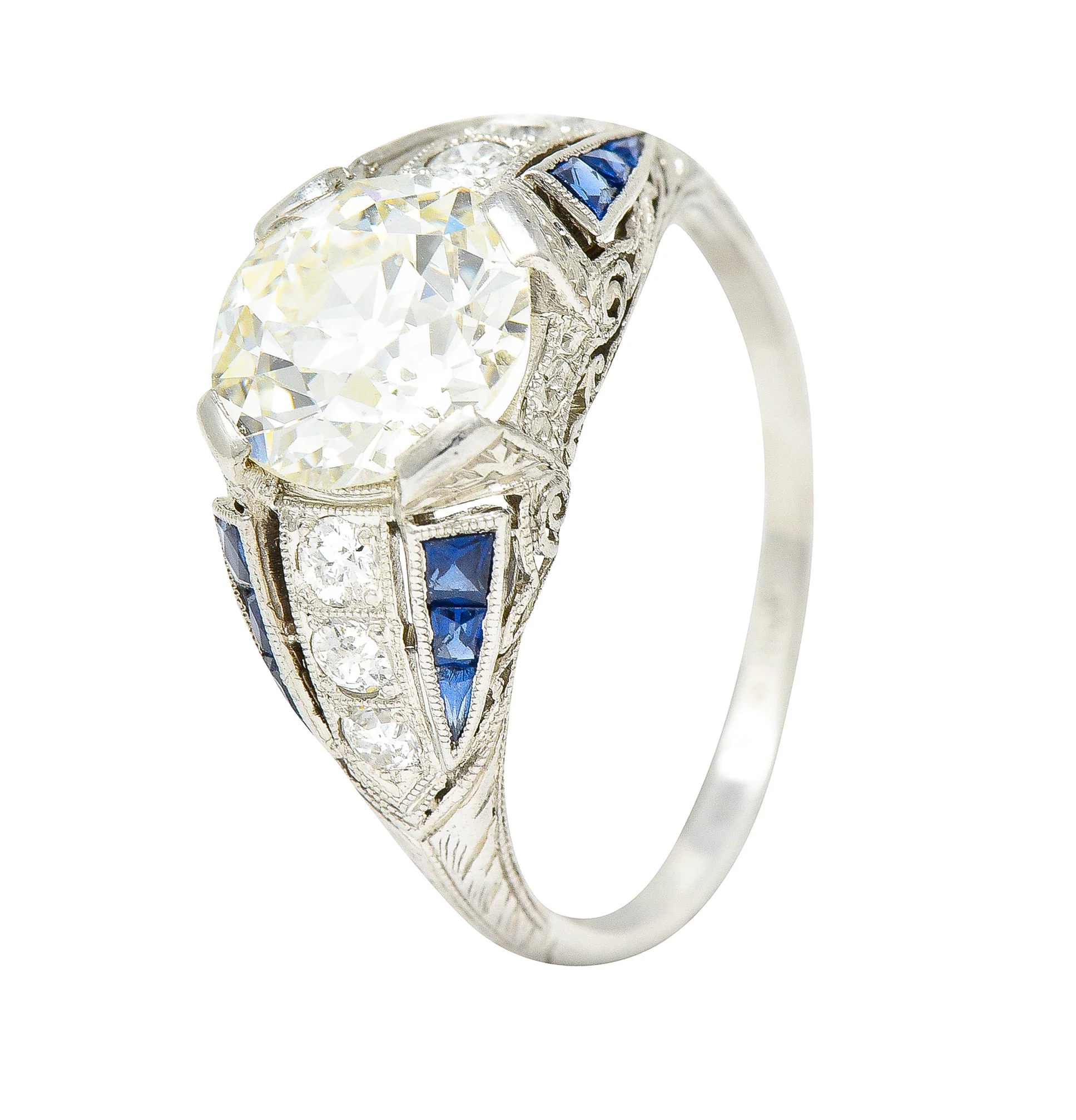 Art Deco 2.79 CTW Old European Cut Diamond Sapphire Platinum Scrolling Engagement Ring - Image 8