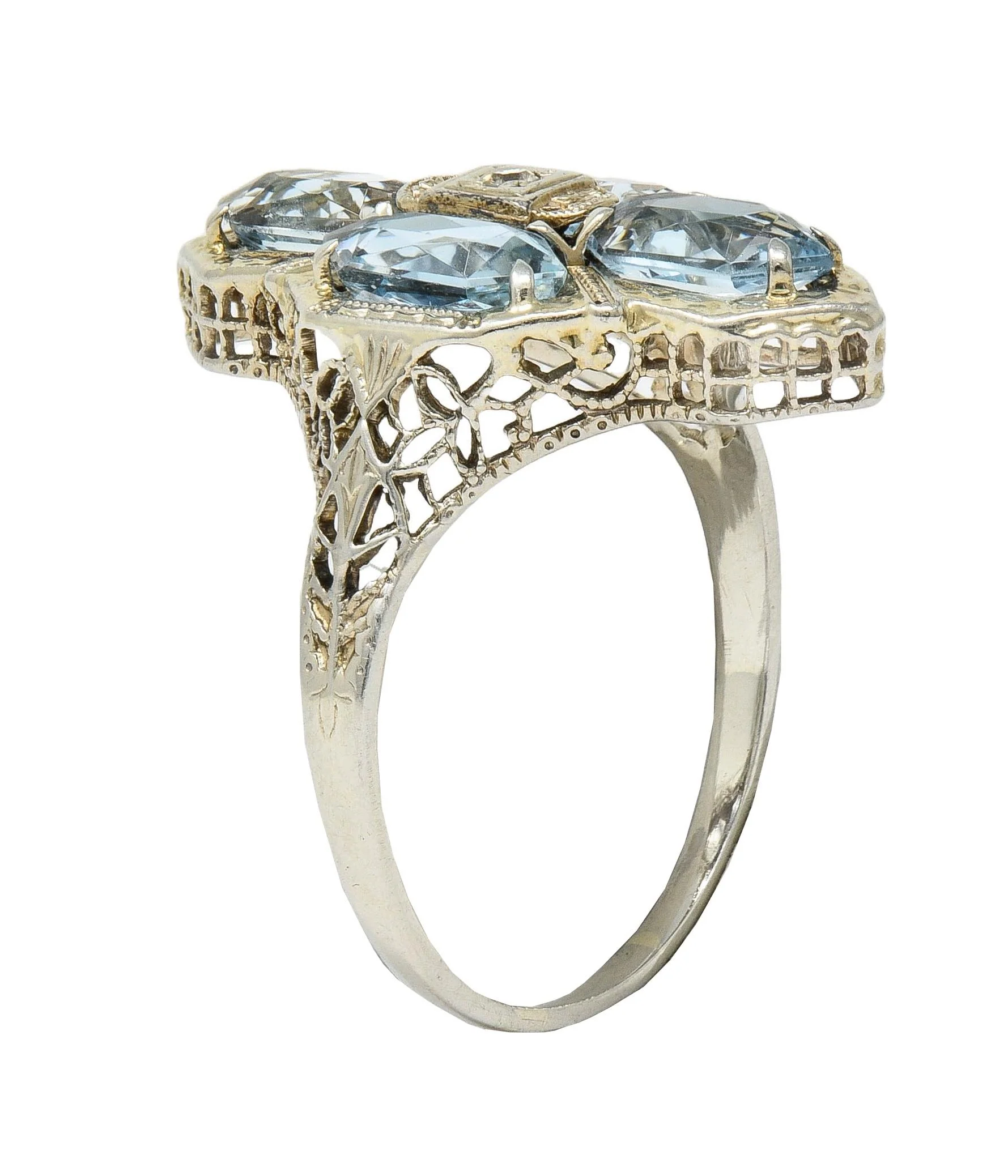 Art Deco 2.80 CTW Aquamarine Diamond 14 Karat White Gold Vintage Foliate Navette Ring - Image 2