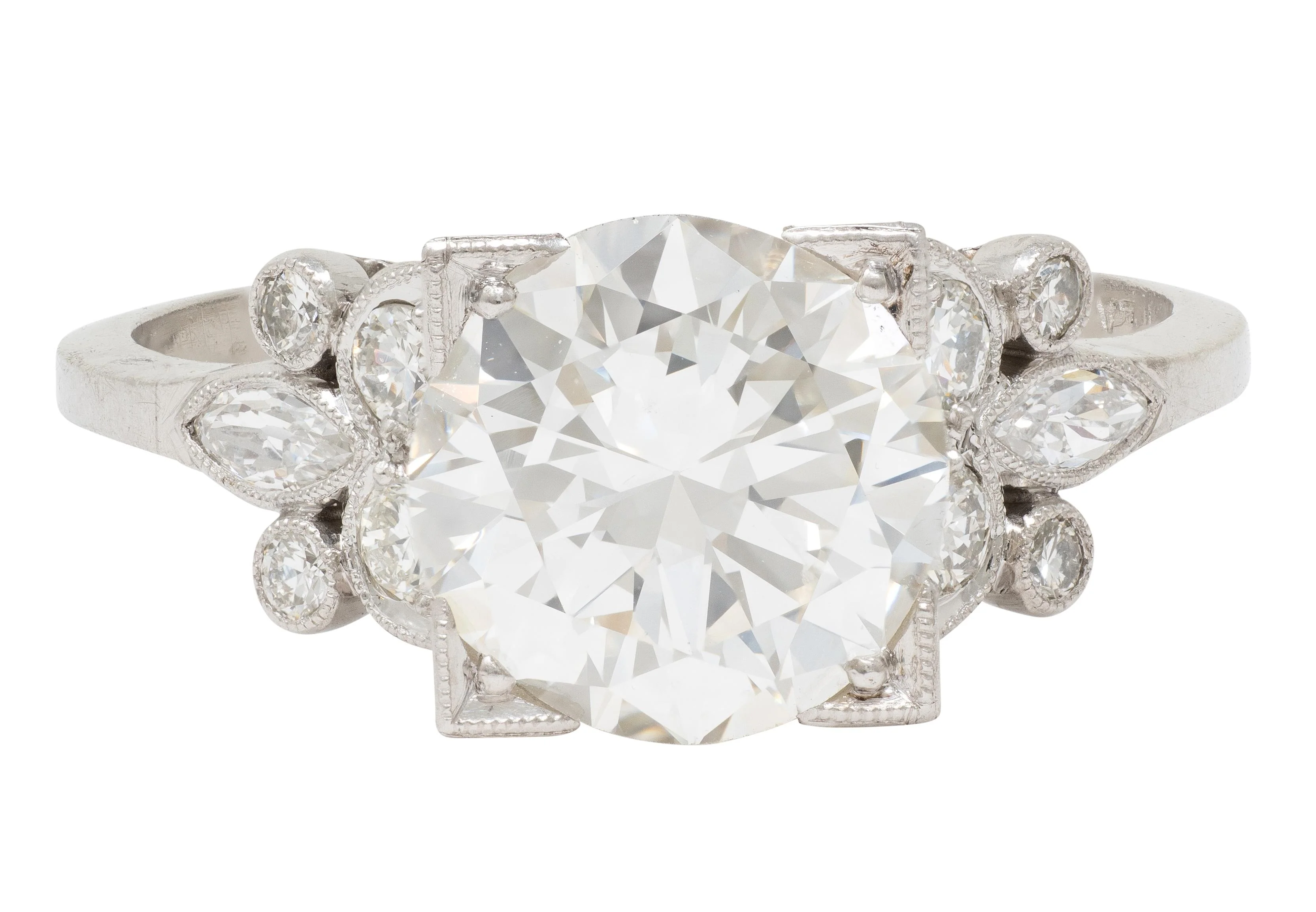 Art Deco 2.91 CTW Transitional Cut Diamond Platinum Vintage Foliate Engagement Ring GIA
