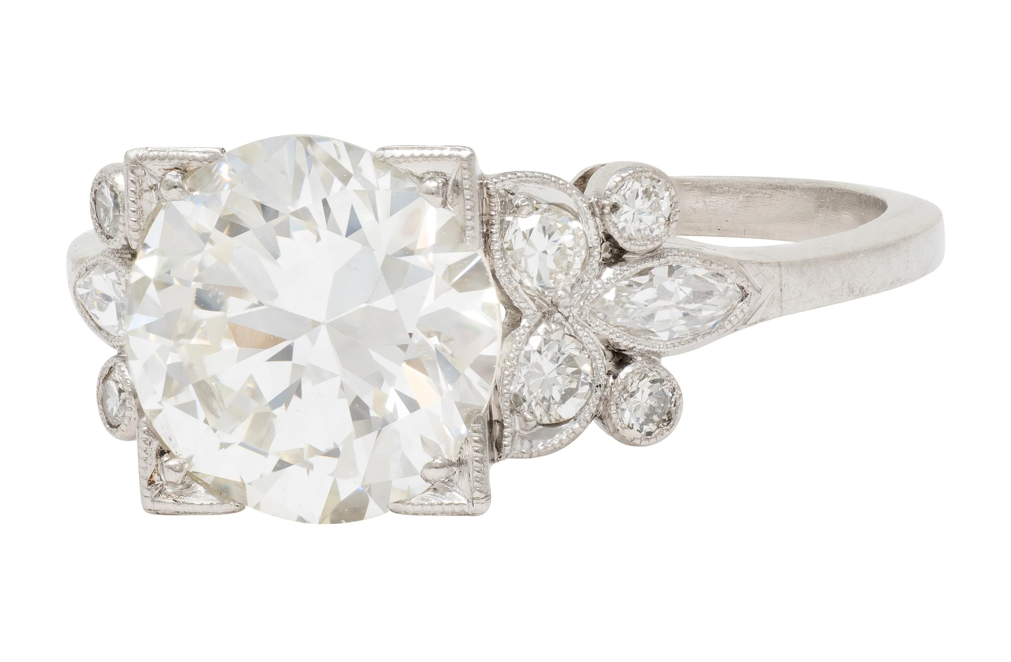 Art Deco 2.91 CTW Transitional Cut Diamond Platinum Vintage Foliate Engagement Ring GIA - Image 5