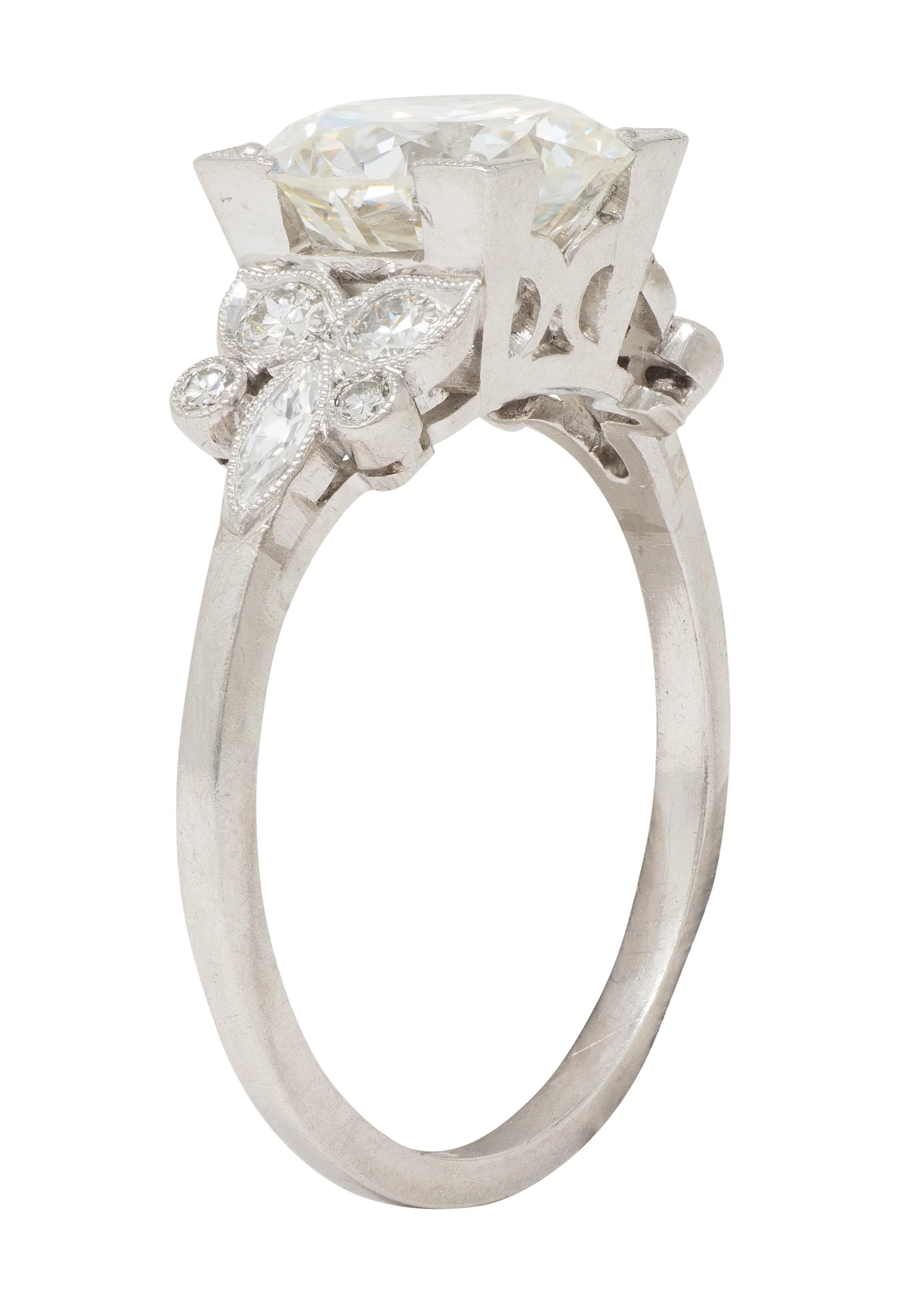 Art Deco 2.91 CTW Transitional Cut Diamond Platinum Vintage Foliate Engagement Ring GIA - Image 7