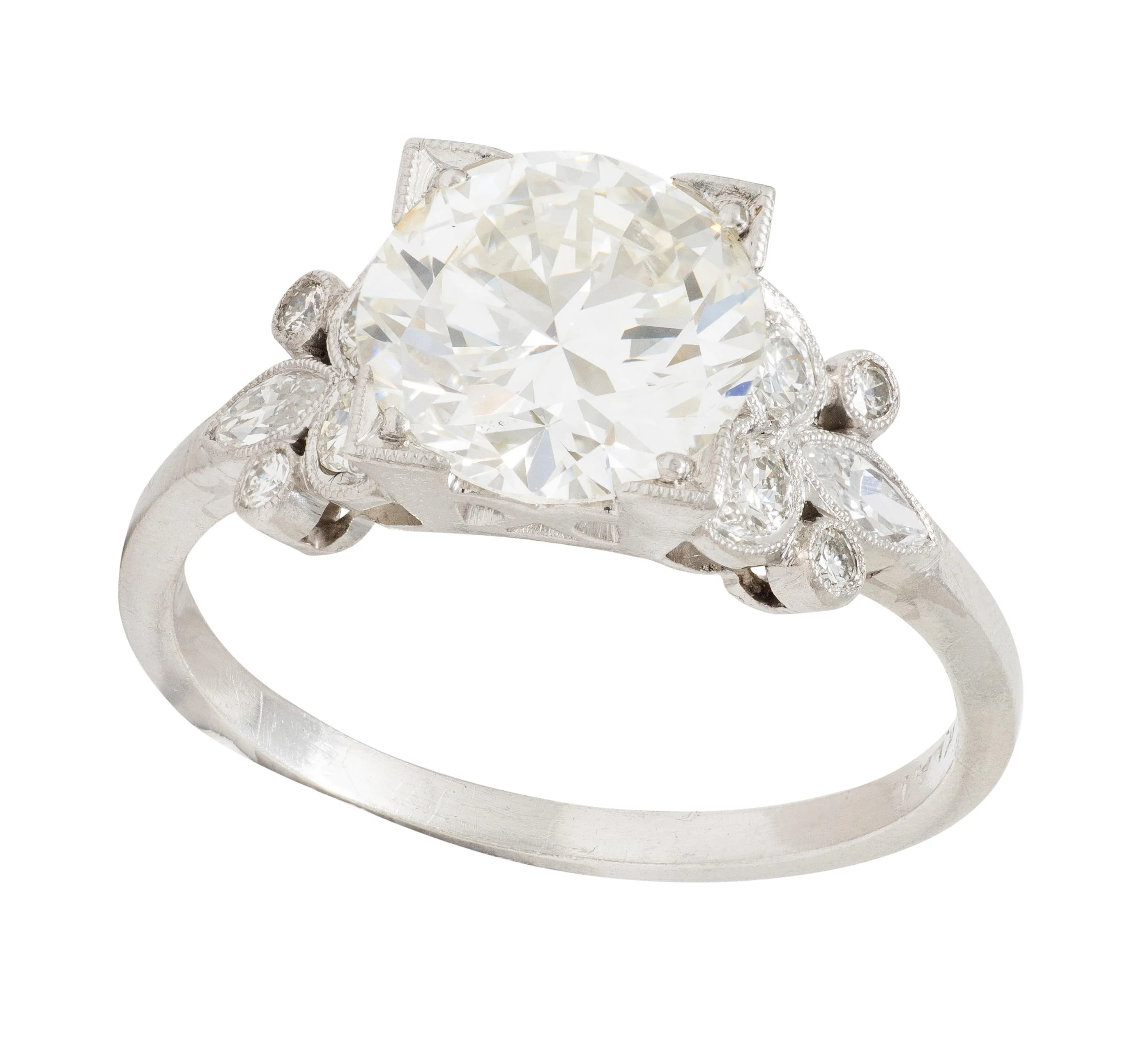 Art Deco 2.91 CTW Transitional Cut Diamond Platinum Vintage Foliate Engagement Ring GIA - Image 9