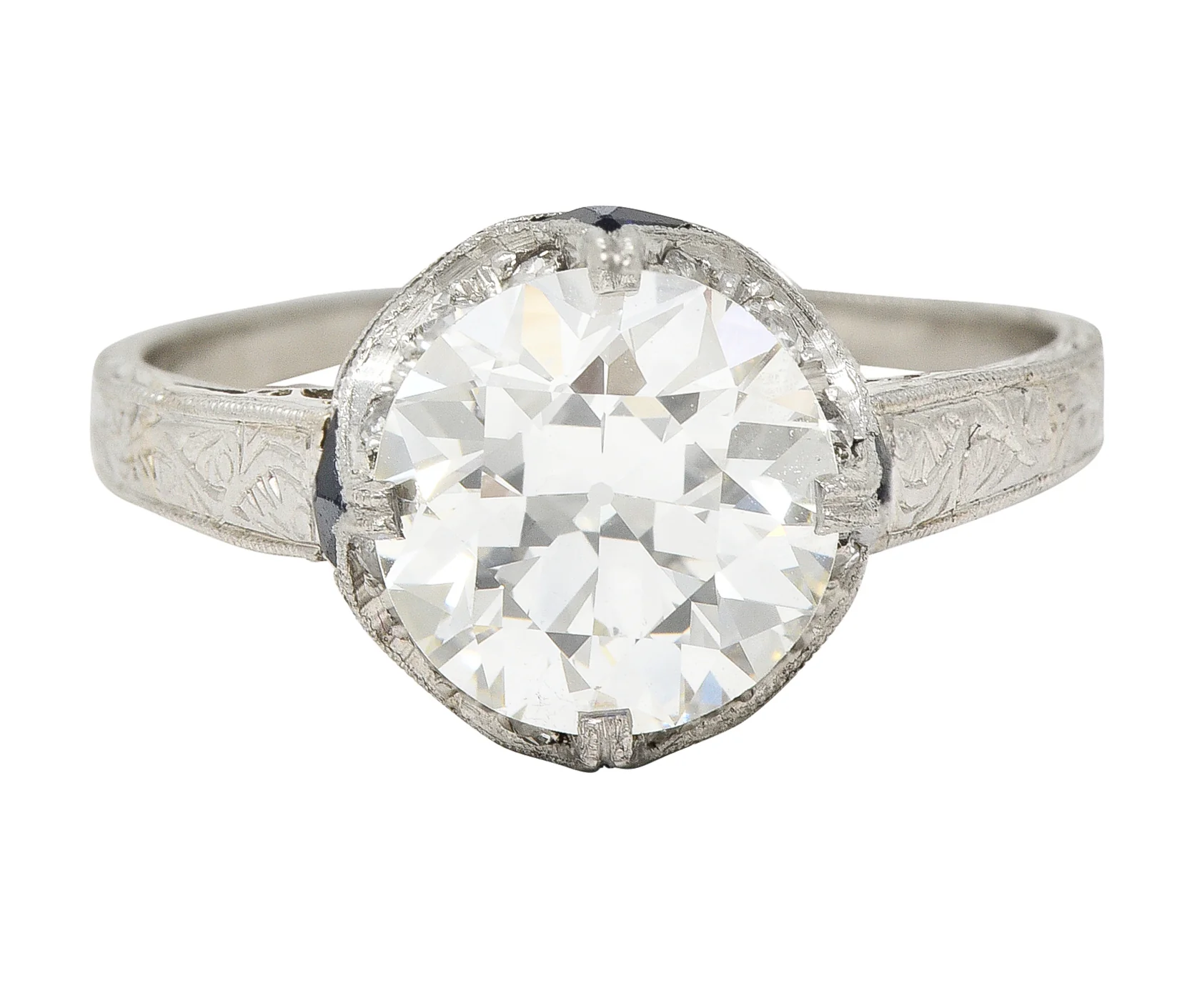 Art Deco 2.95 CTW Old European Cut Diamond Platinum Scrolling Crescent Engagement Ring GIA