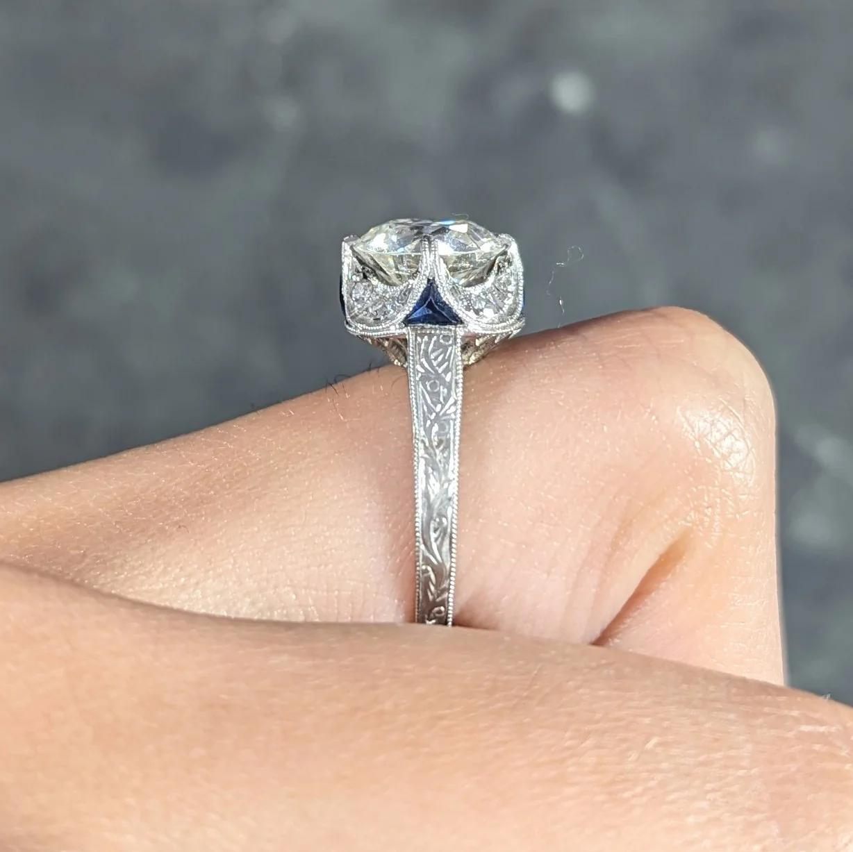 Art Deco 2.95 CTW Old European Cut Diamond Platinum Scrolling Crescent Engagement Ring GIA - Image 13