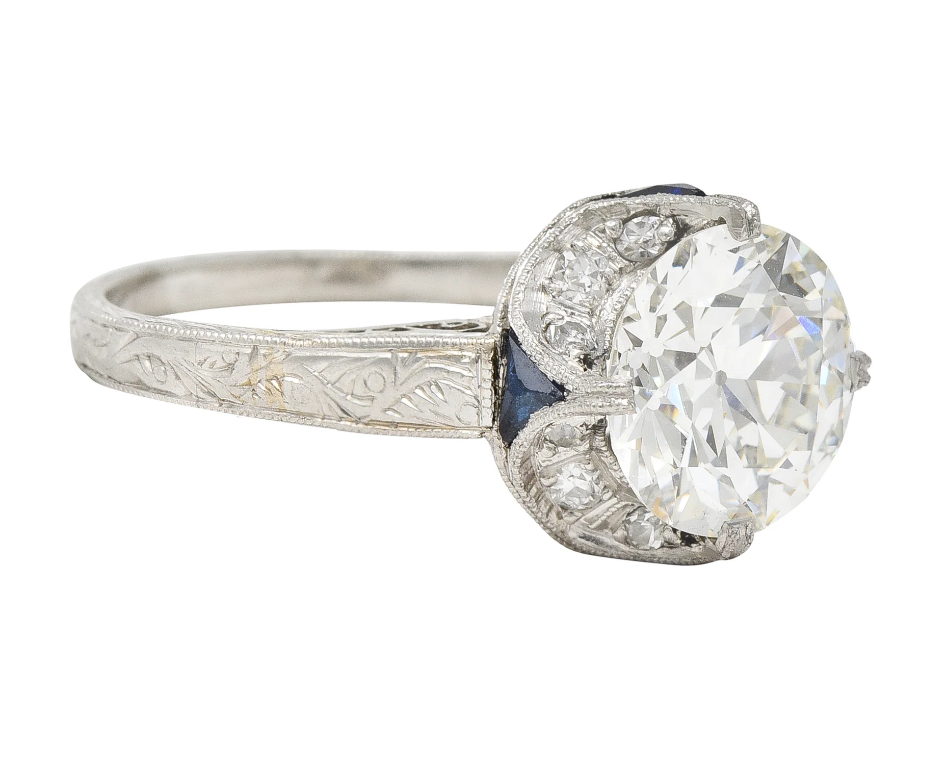 Art Deco 2.95 CTW Old European Cut Diamond Platinum Scrolling Crescent Engagement Ring GIA - Image 3