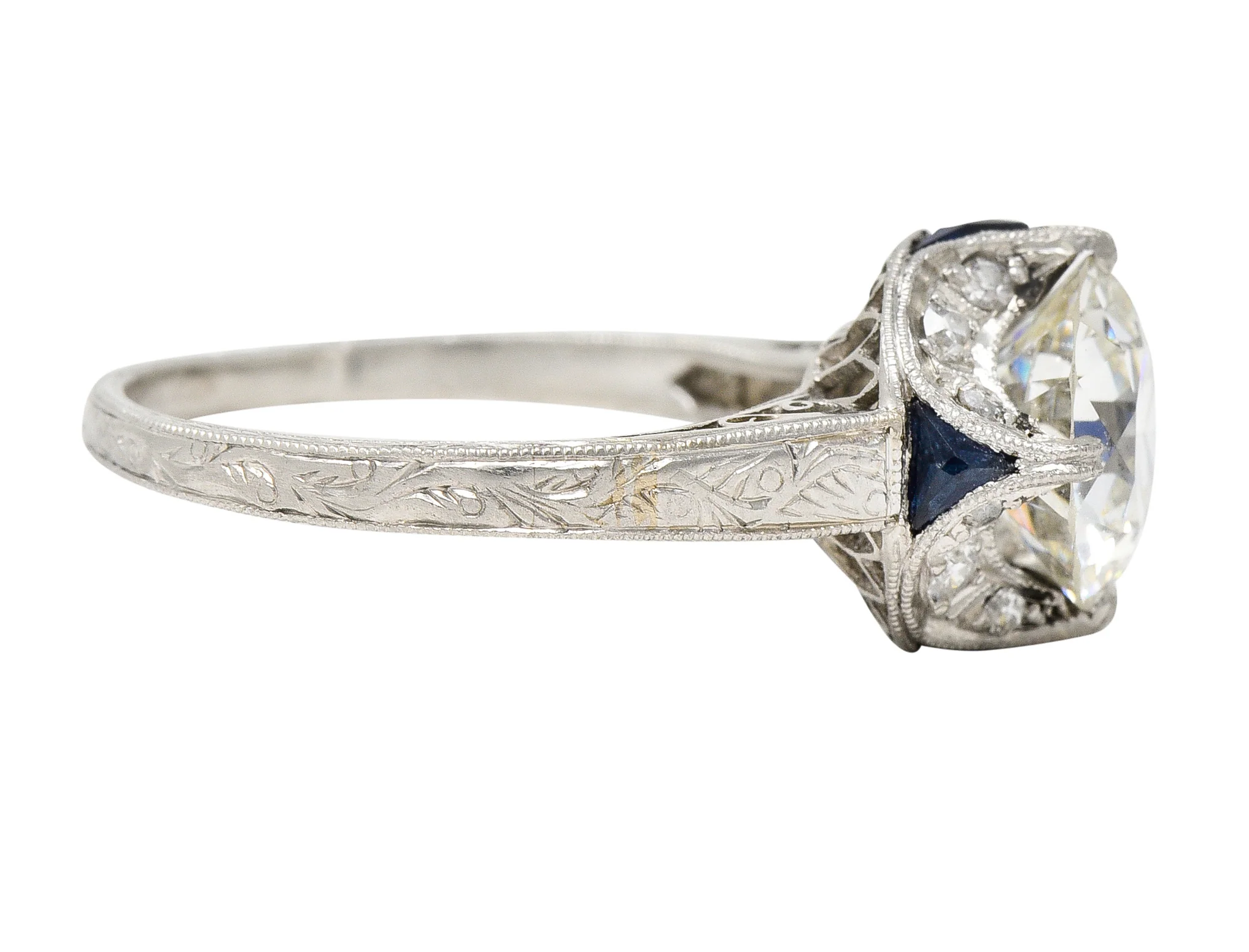 Art Deco 2.95 CTW Old European Cut Diamond Platinum Scrolling Crescent Engagement Ring GIA - Image 4