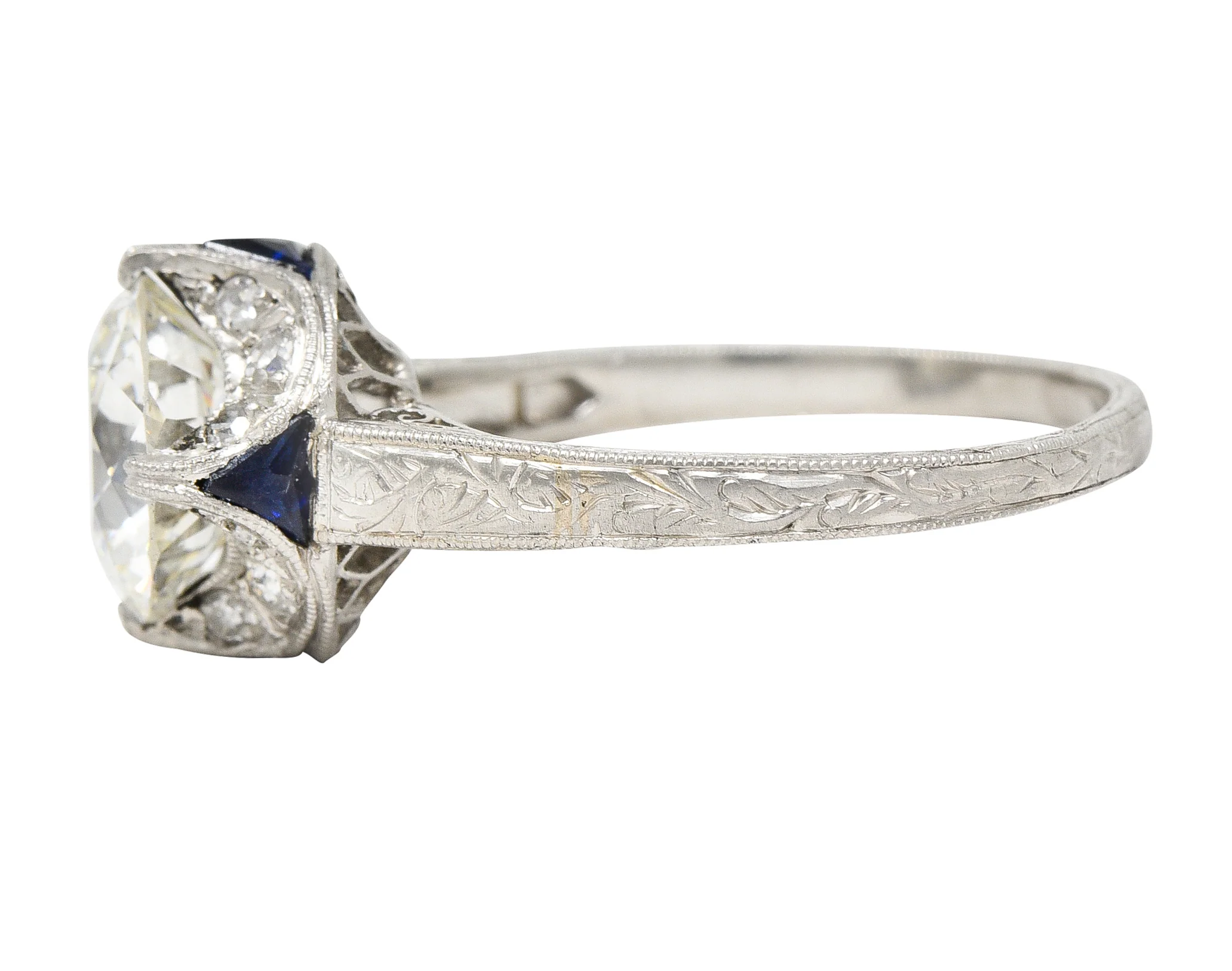Art Deco 2.95 CTW Old European Cut Diamond Platinum Scrolling Crescent Engagement Ring GIA - Image 6