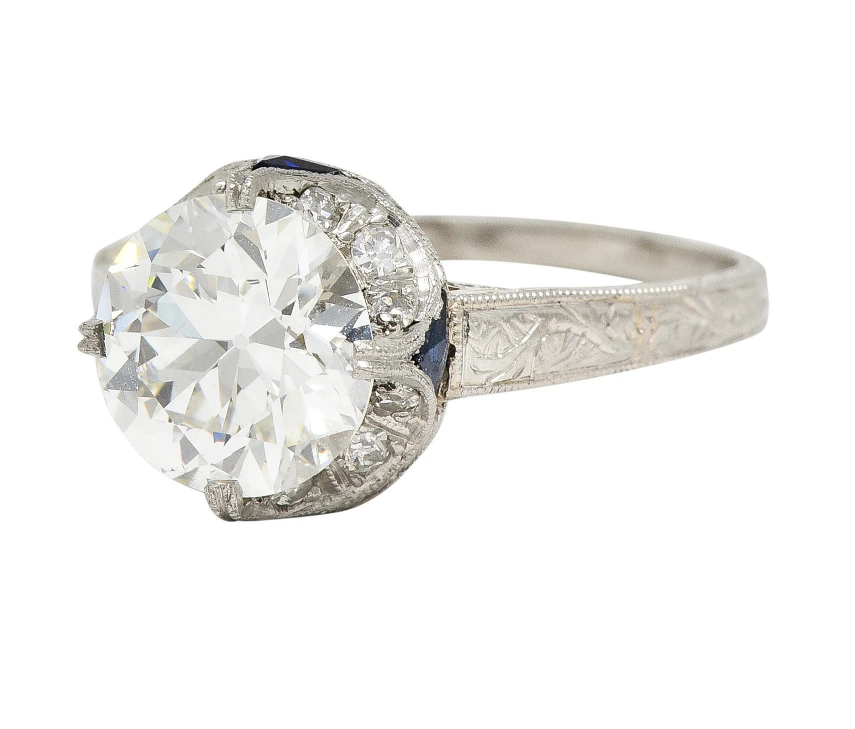 Art Deco 2.95 CTW Old European Cut Diamond Platinum Scrolling Crescent Engagement Ring GIA - Image 7
