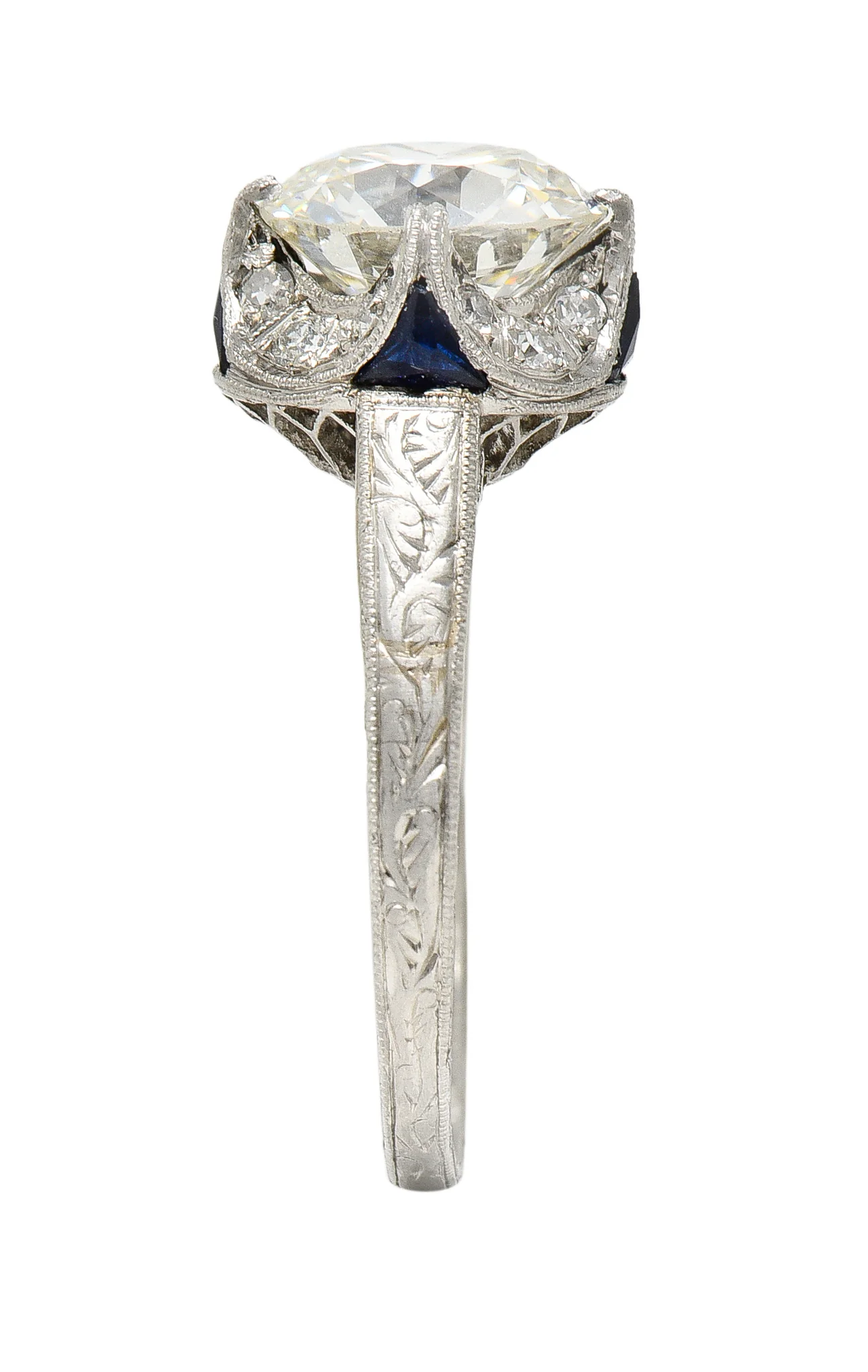 Art Deco 2.95 CTW Old European Cut Diamond Platinum Scrolling Crescent Engagement Ring GIA - Image 9