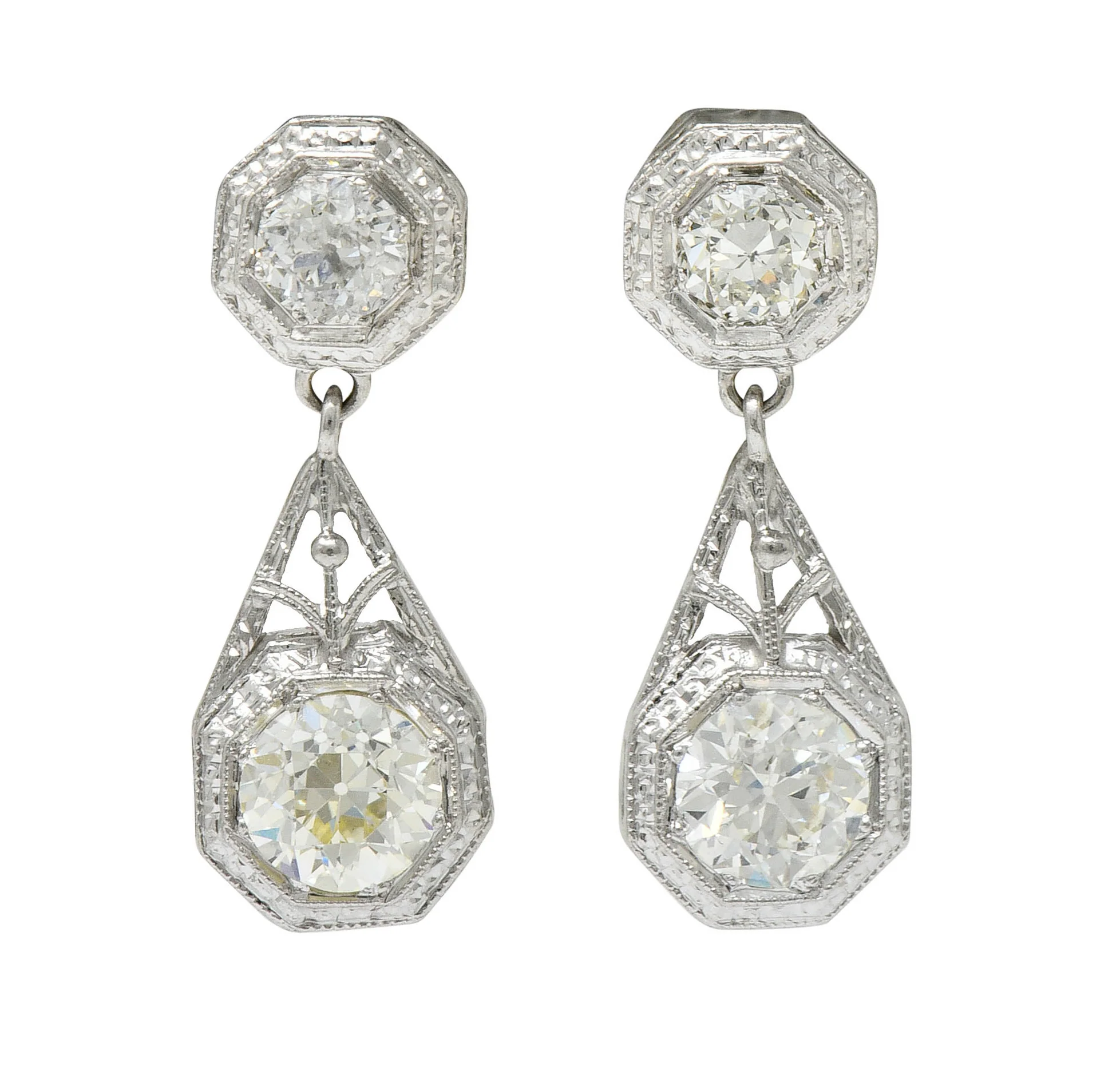 Art Deco 2.96 CTW Diamond Platinum Octagonal Drop Earrings